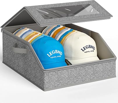 AOODA Sturdy Hat Storage for Baseball Caps, Holds up to 24 Caps Clear Hat Organizer for Closet, Bedroom, Wide Hat Box with Cardboard Slate Grey