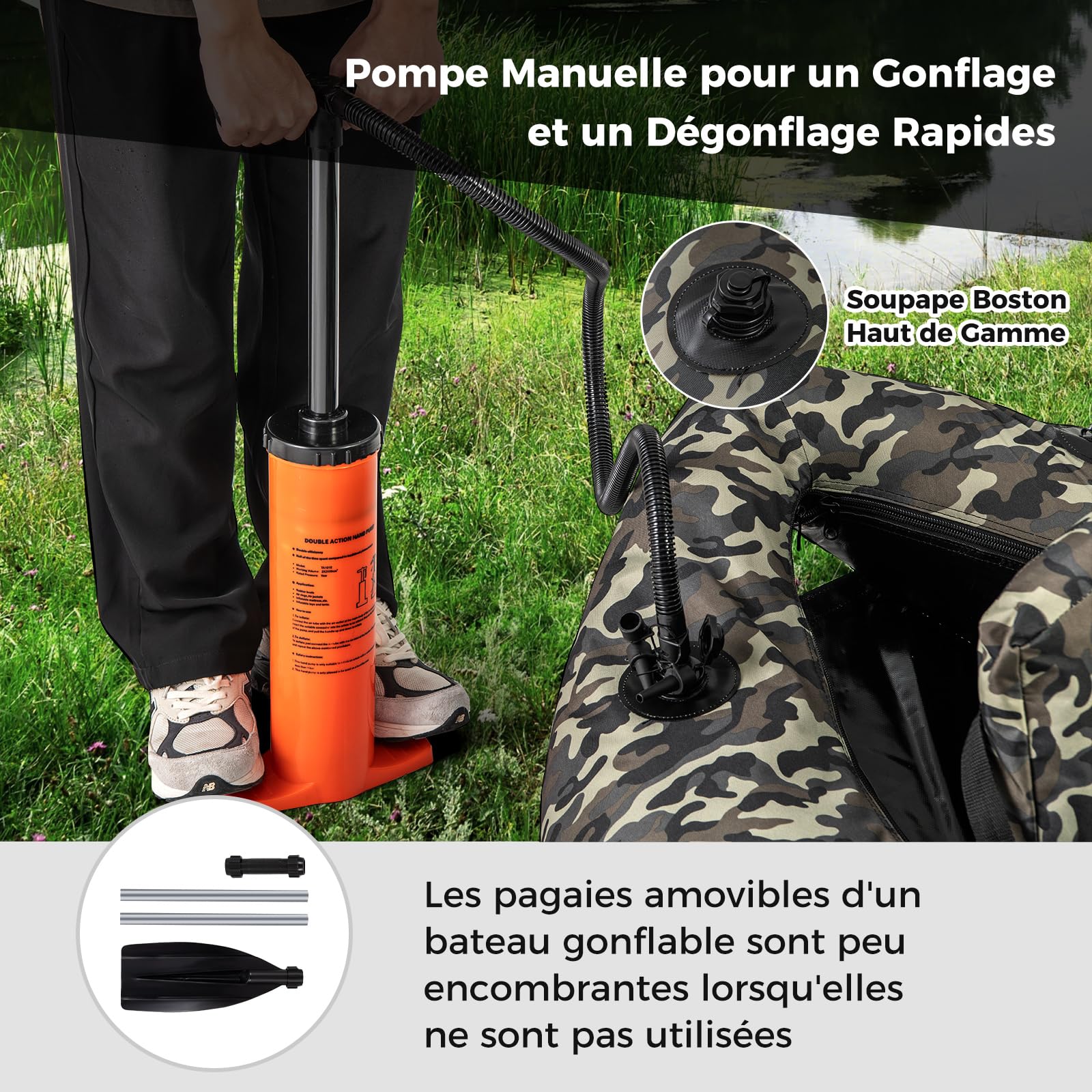 COSTWAY Bateau de Pêche Gonflable avec Dossier Pagaie, Bateau Gonflable avec Règle à Poisson Support de Canne Poches de Rangement Palmes Pompe Sangles de Sac à Dos Charge 150 KG, Camouflage
