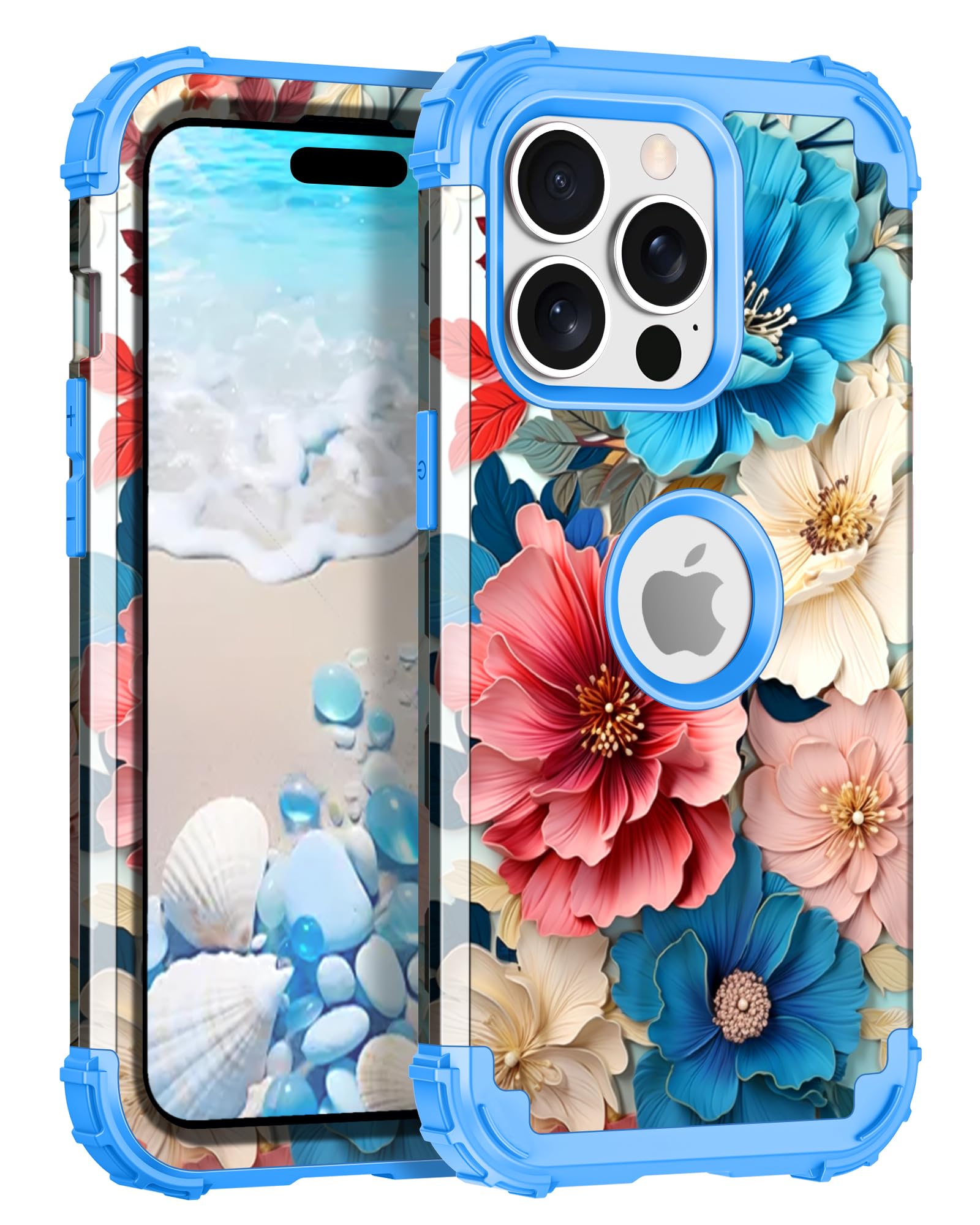 LONTECT for iPhone 15 Pro Max Case 3 in 1 Shockproof Heavy Duty Hybrid Sturdy High Impact Protective Cover Flower Case for...