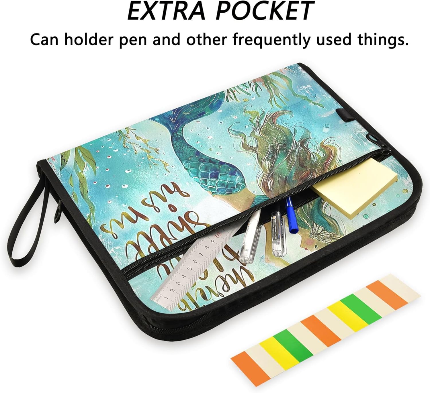 Mermaid Tail Scale Expanding File Folder with Sticky Labels 13 Pocket Pink Princess Accordion File Folder Document Organizer with Zipper Closure Letter A4 Paper Document Folder for Kids School Girls
