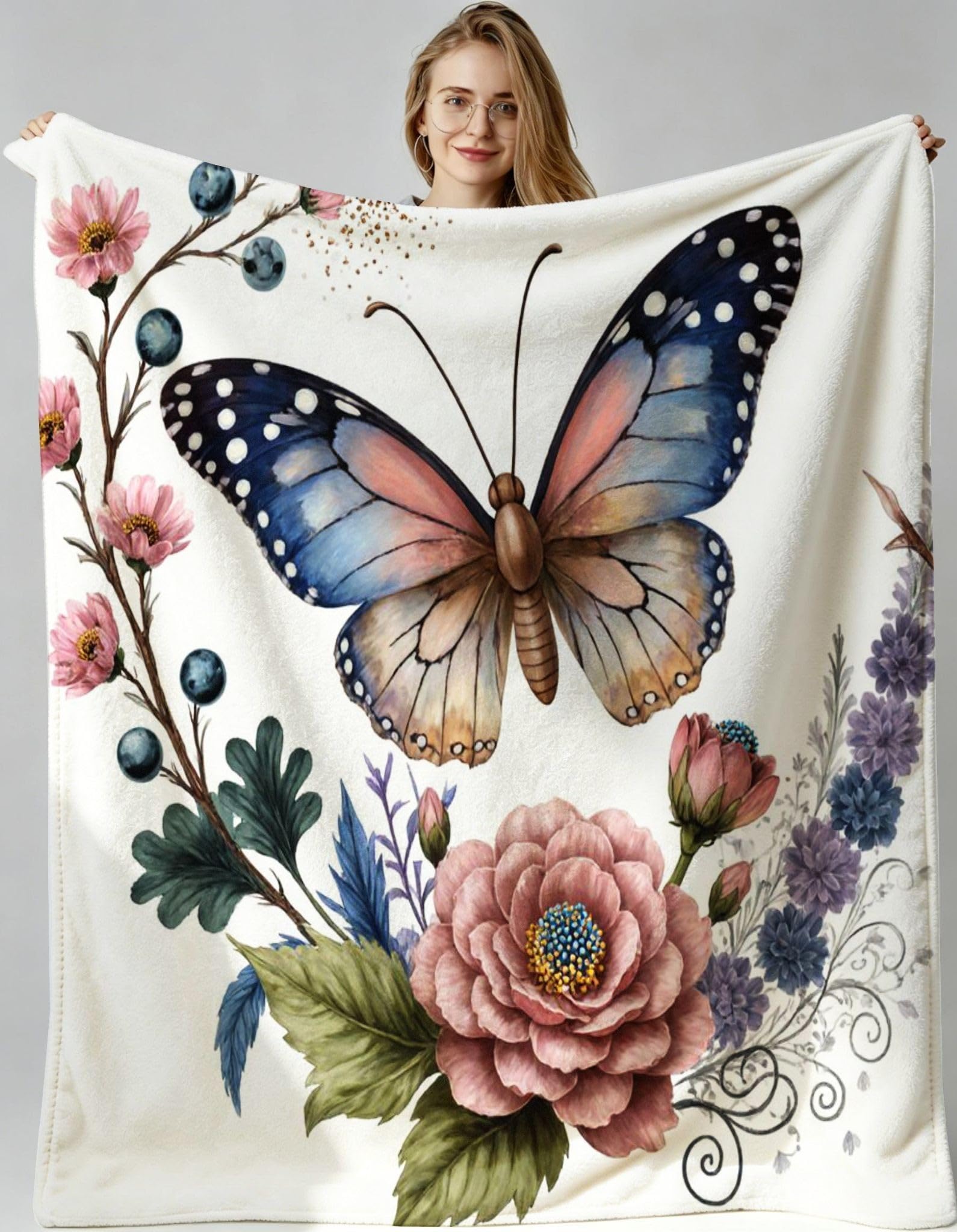 Couverture polaire fleur papillon 240x260 cm lavable pour stopper le froid au lit - F258