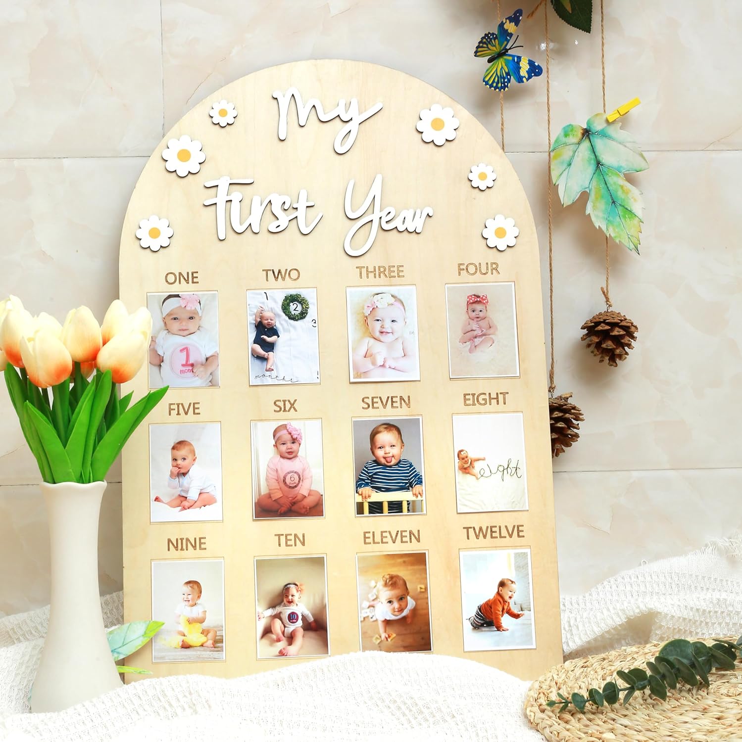 My First Year Wood Photo Board, 3D Daisy Flower Baby's First Year Photo - One Year Picture Frame-Girl/Boy 1st Birthday Decorations,Wood Photo Board,Milestone Board,12 Months Photo Banner