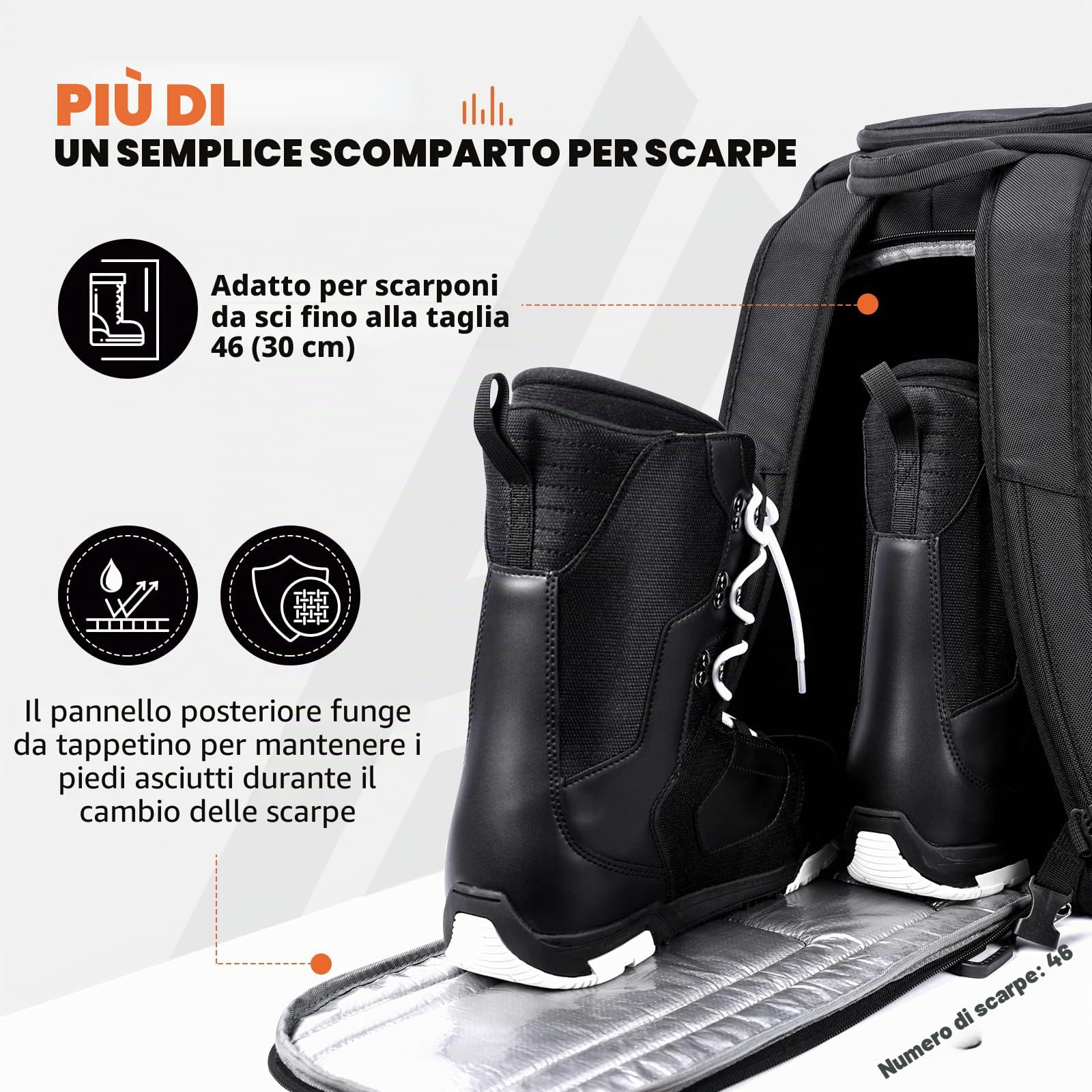 Hikenture Zaino per scarponi da sci, borsa da sci imbottita da 50 litri e borsa per scarponi da snowboard, con fori di scarico, borsa da sci resistente all'acqua di grande capacità, per scarponi da sci, casco, occhiali, vestiti, guanti, attrezzatura da sn