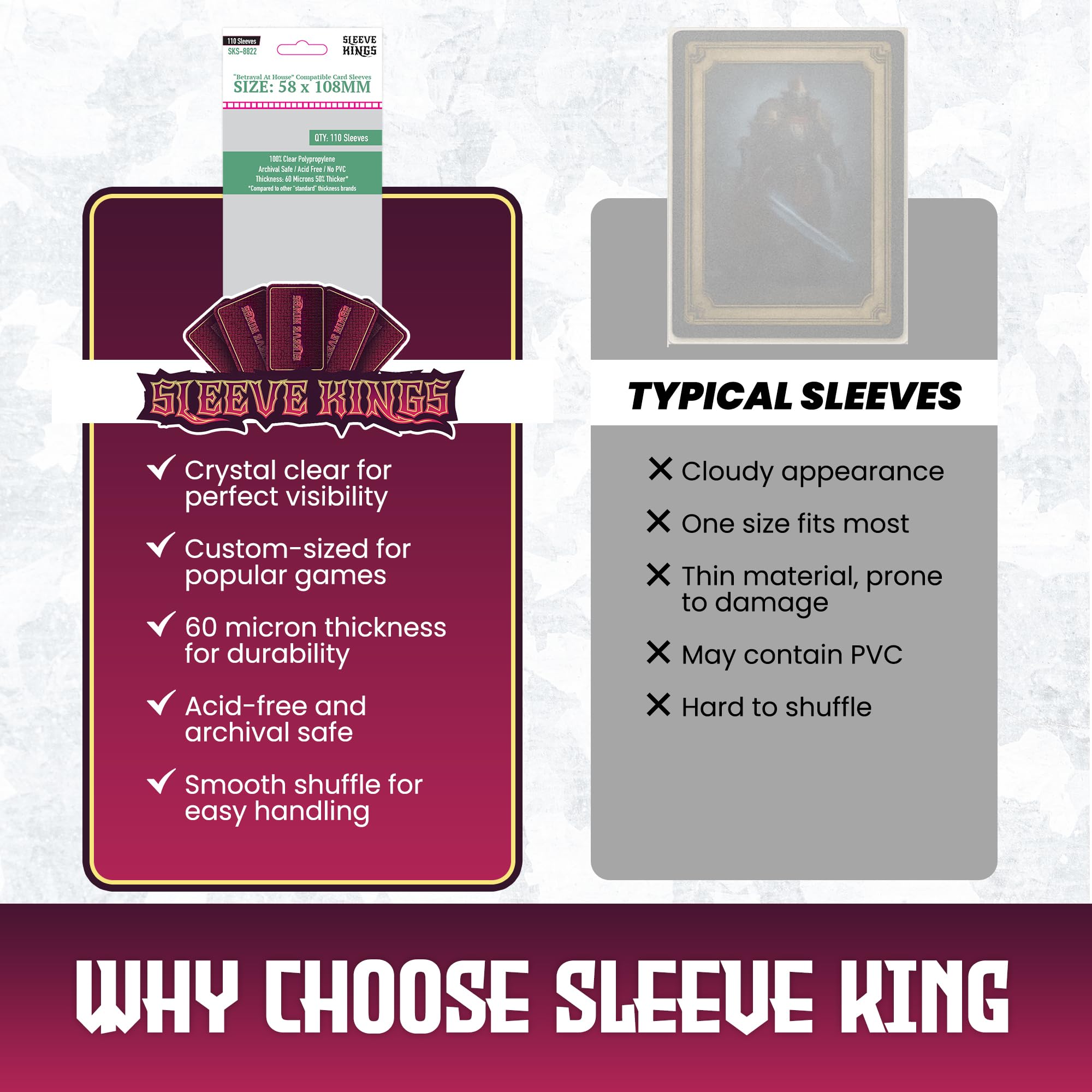 Amazon.com: Sleeve Kings Betrayal at House on the Hill Compatible Card Sleeves 58x108mm, 110 Pack, 60 Micron Thick, Clear Polypropylene, Acid-Free, Extra Clear Compatible Board Game Card Protectors - SKS-8822 : Amazon.com: Sleeve Kings Betrayal at House on the Hill Compatible Card Sleeves 58x108mm, 110 Pack, 60 Micron Thick, Clear Polypropylene, Acid-Free, Extra Clear Compatible Board Game Card Protectors - SKS-8822 :