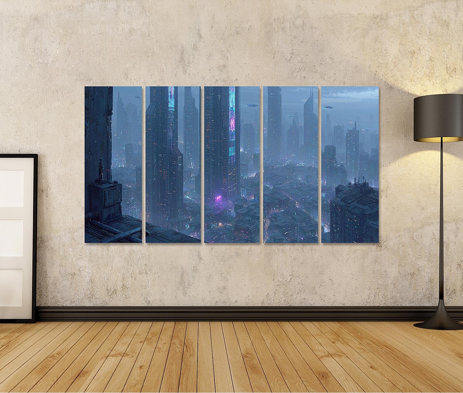 islandburner Quadro su tela Futuristico Cyberpunk Urbano Murale Ufficio per gli appassionati di fantascienza – 5 pezzi XXL