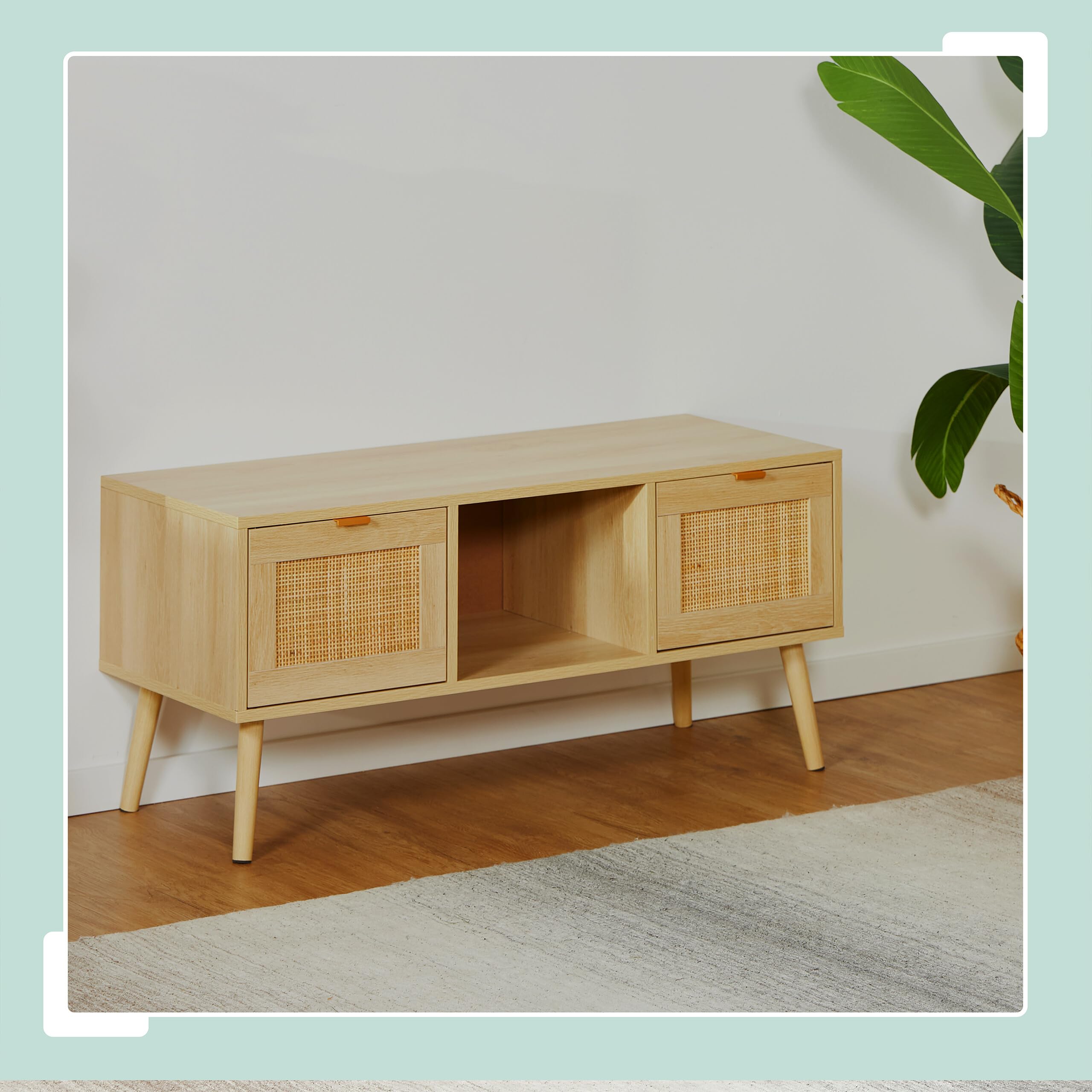 Relaxdays Mueble TV, Efecto Ratán, Mesa para Televisor hasta 43", Lowboard, 45,5 x 100 x 40 cm, Cómoda Tele, Natural