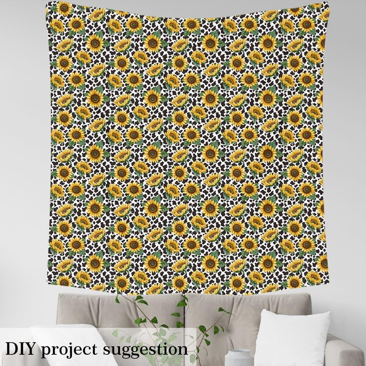 Sunflower Flower Floral Upholstery Fabric,Cow Print Fabric By The Yard, Black White Abstract Milk Cow Decorative Fabric for Kids Teens Adult Girls Boys, Upholstery and Home Accents 5 Yards