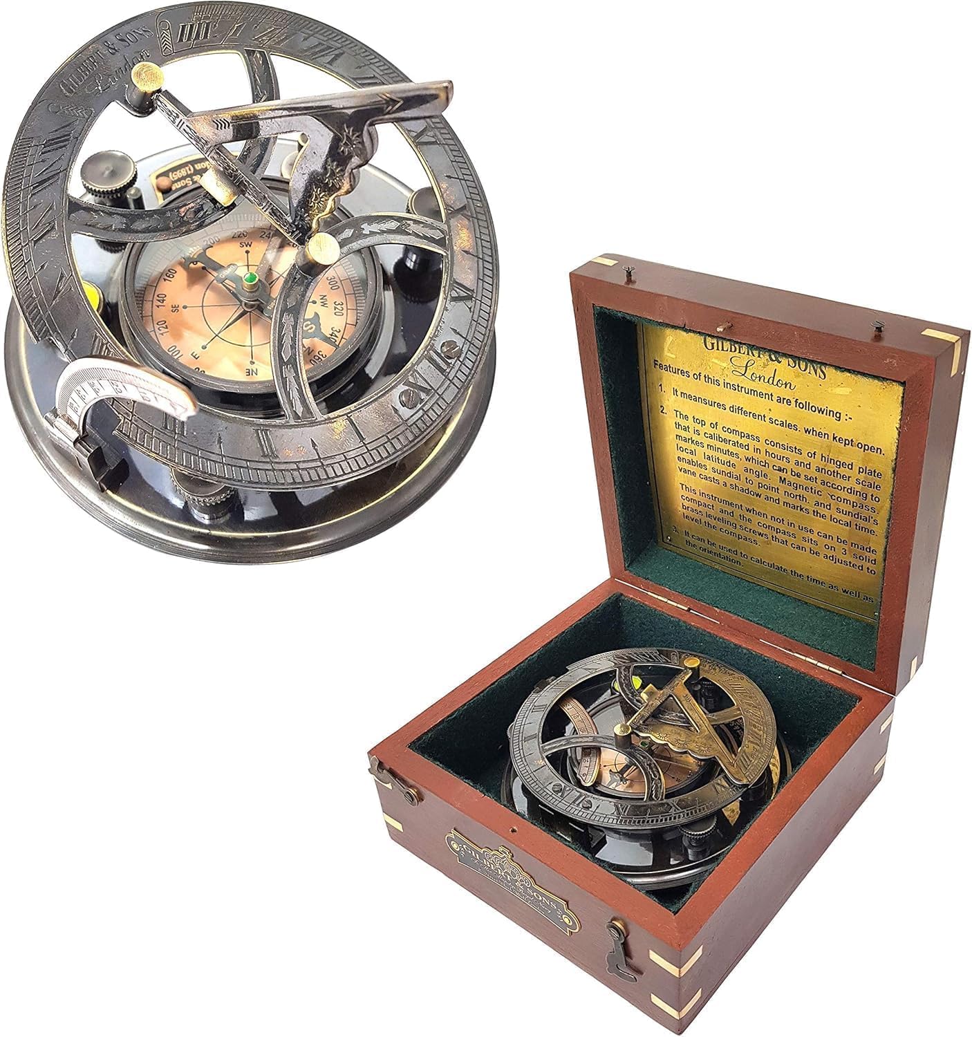 Antique Brass & Copper Sundial Compasses | Maritime Navigation, Working Compass for Hiking, Camping & Collectible Gifts