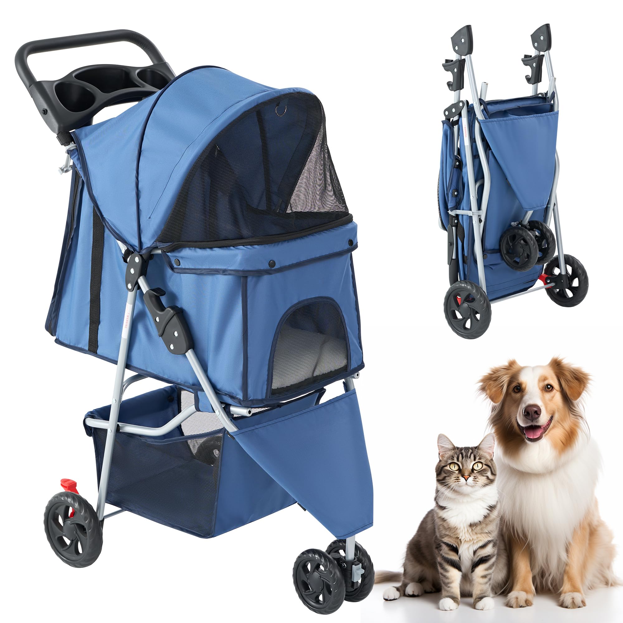 Photo 1 of KMFurnila 3 Wheel Pet Stroller for Dogs and Cats, Foldable, Lightweight and Durable, Ideal for Small to Medium Pets, Includes Storage Basket and Cup Holders