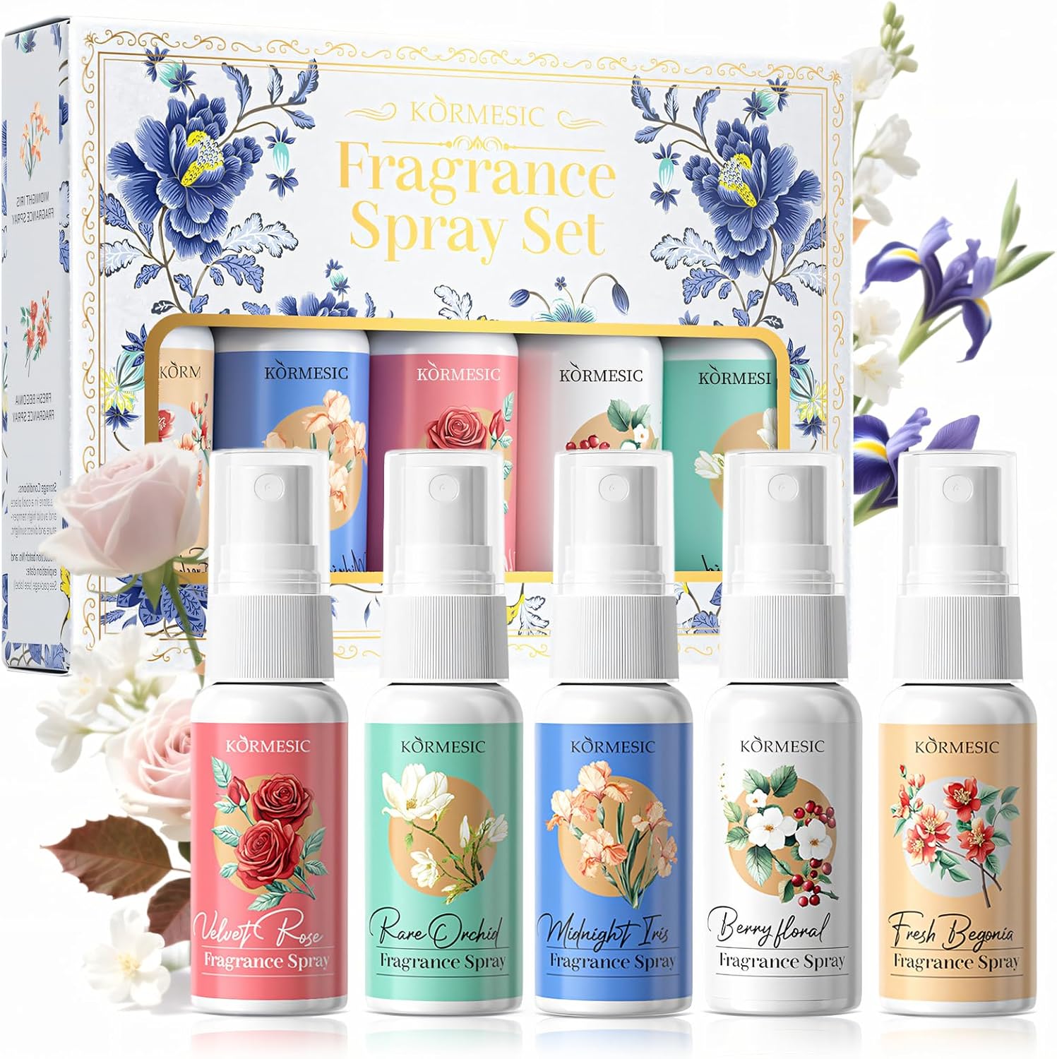 SHOPPGO Bodyspray voor dames, mini-bodyspray voor dames, body mist, cadeauset, bevat roos, citrus, begonia, liris, orchidee, romantische geur, langdurig reisformaat, 5 x 35 ml
