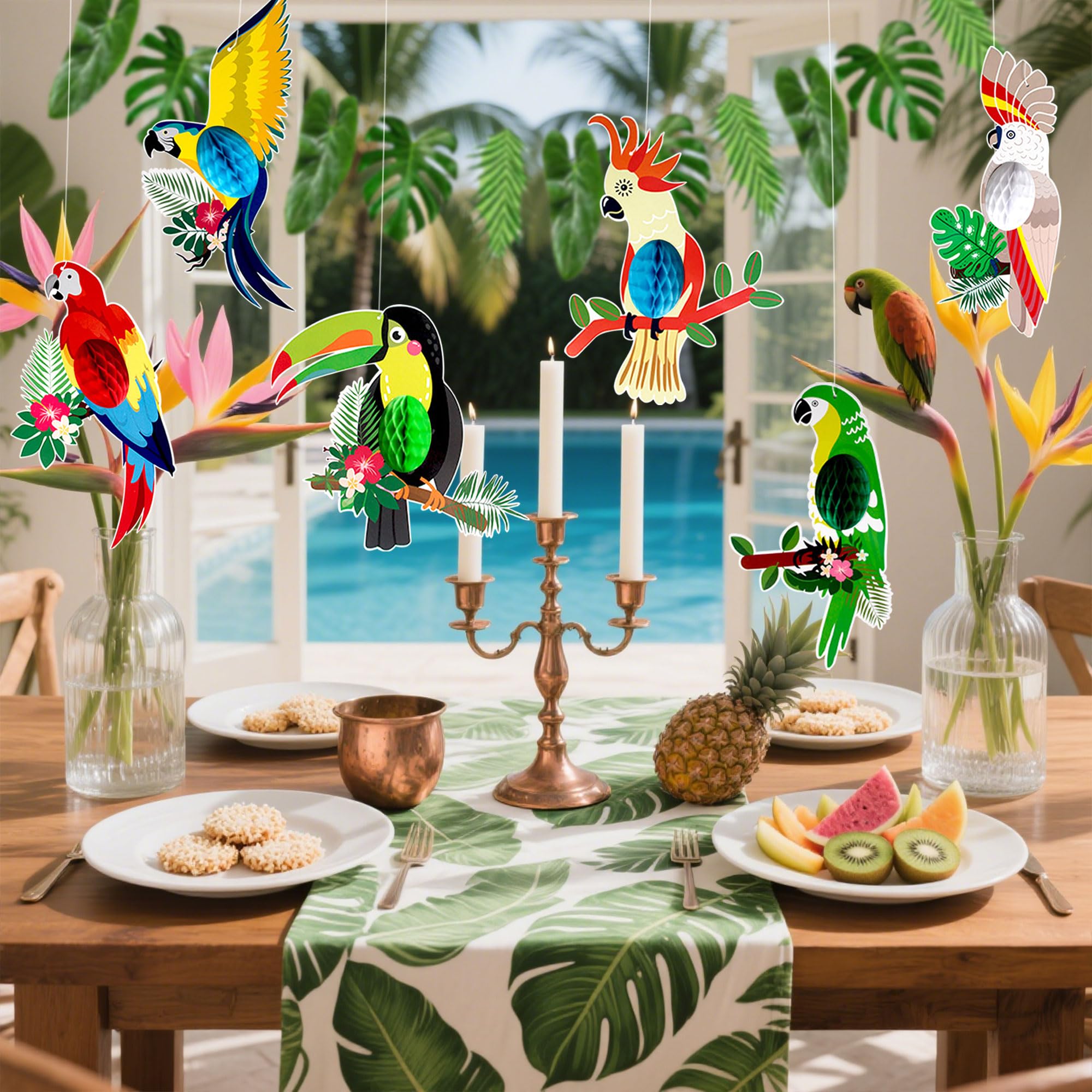 7PCS Tropical Bird Hanging Decorations Leaves Banner Tropical Birds Honeycomb Paper Cutouts Parrot Honeycomb Palm Leaves Banner Hawaiian Beach Luau Party Hanging Decorations Tiki Bar Supplies - Image 4