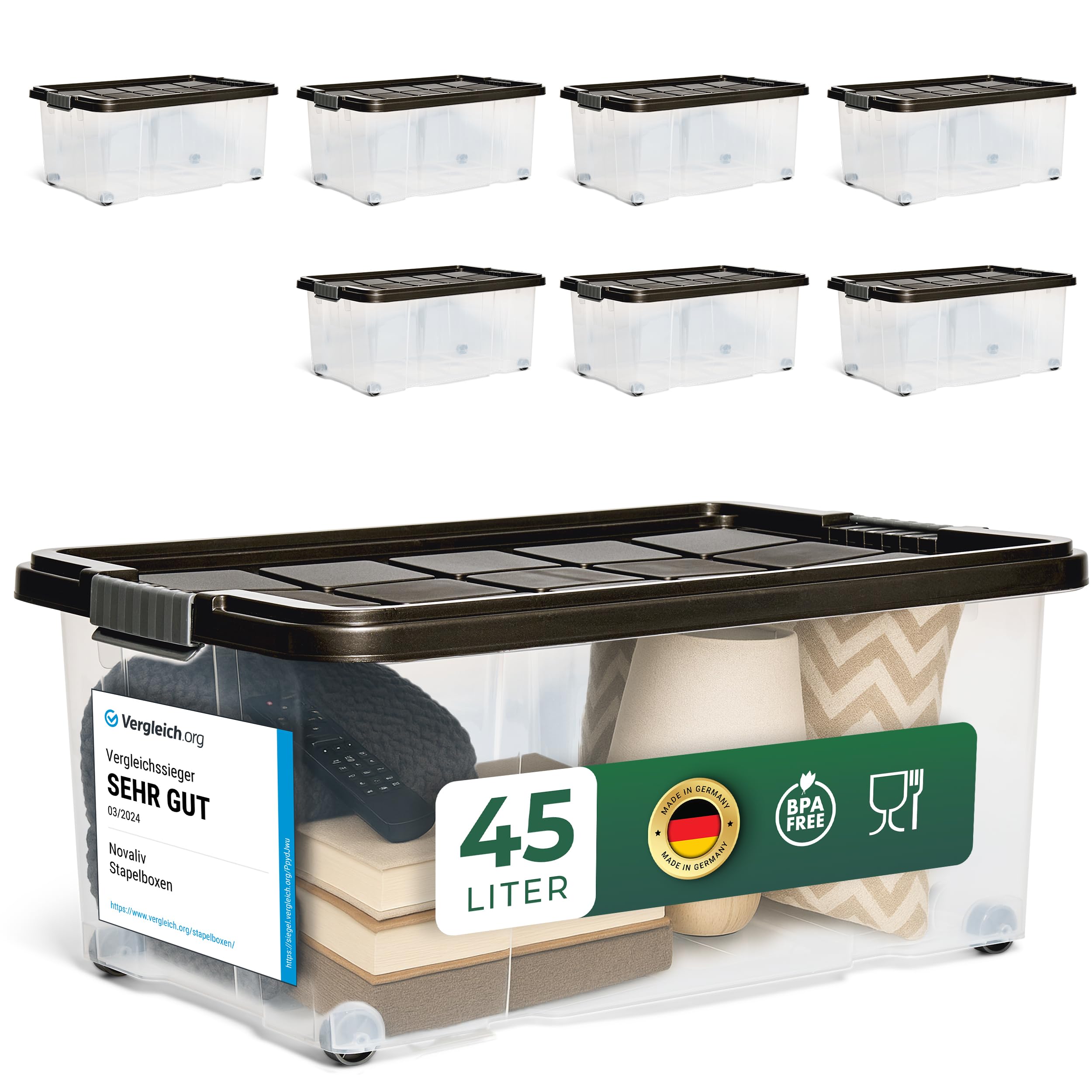 Novaliv 8 scatole portaoggetti con coperchio, grandi 45 l, colore antracite, impilabili, con chiusura a clip, in plastica, senza BPA, 61 x 40 x 26 cm