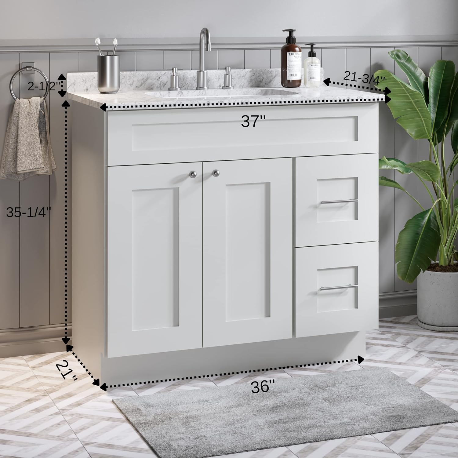 DISAR DSR 36 Inch Bathroom Vanity with White Sink and Calacatta Quartz Top for Bathroom Home Kitchen Decor - Solid Wood Bathroom Storage Cabinet Countertop with Gloss Ceramic Sink - 2 Drawers Right