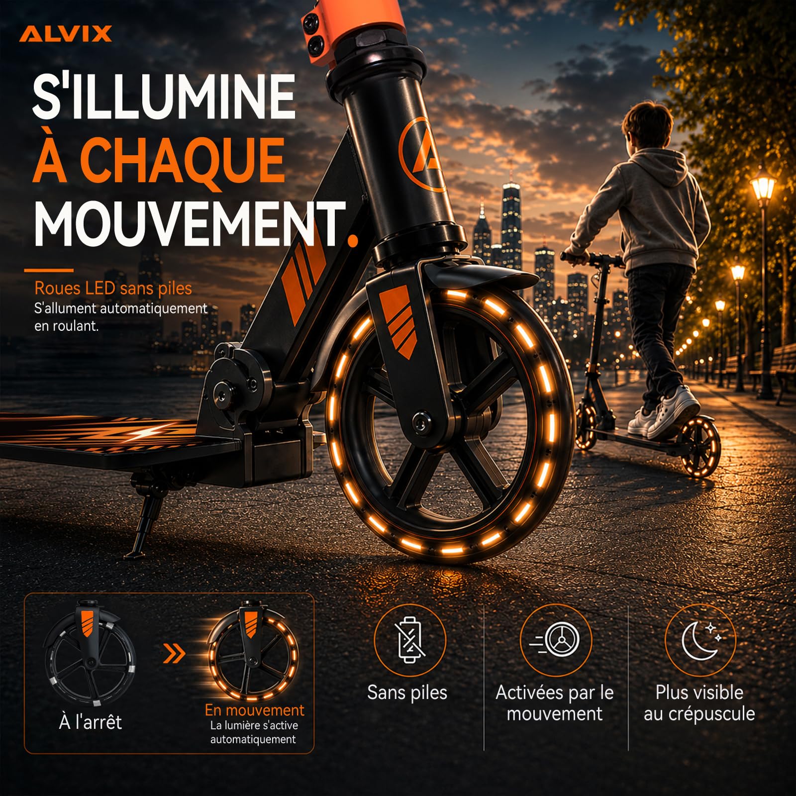 ALVIX Trottinette pour enfant avec roues lumineuses LED, hauteur réglable à partir de 6 ans, roues de 200 mm, trottinette pliable avec sangle de transport, large plateau, jusqu'à 100 kg