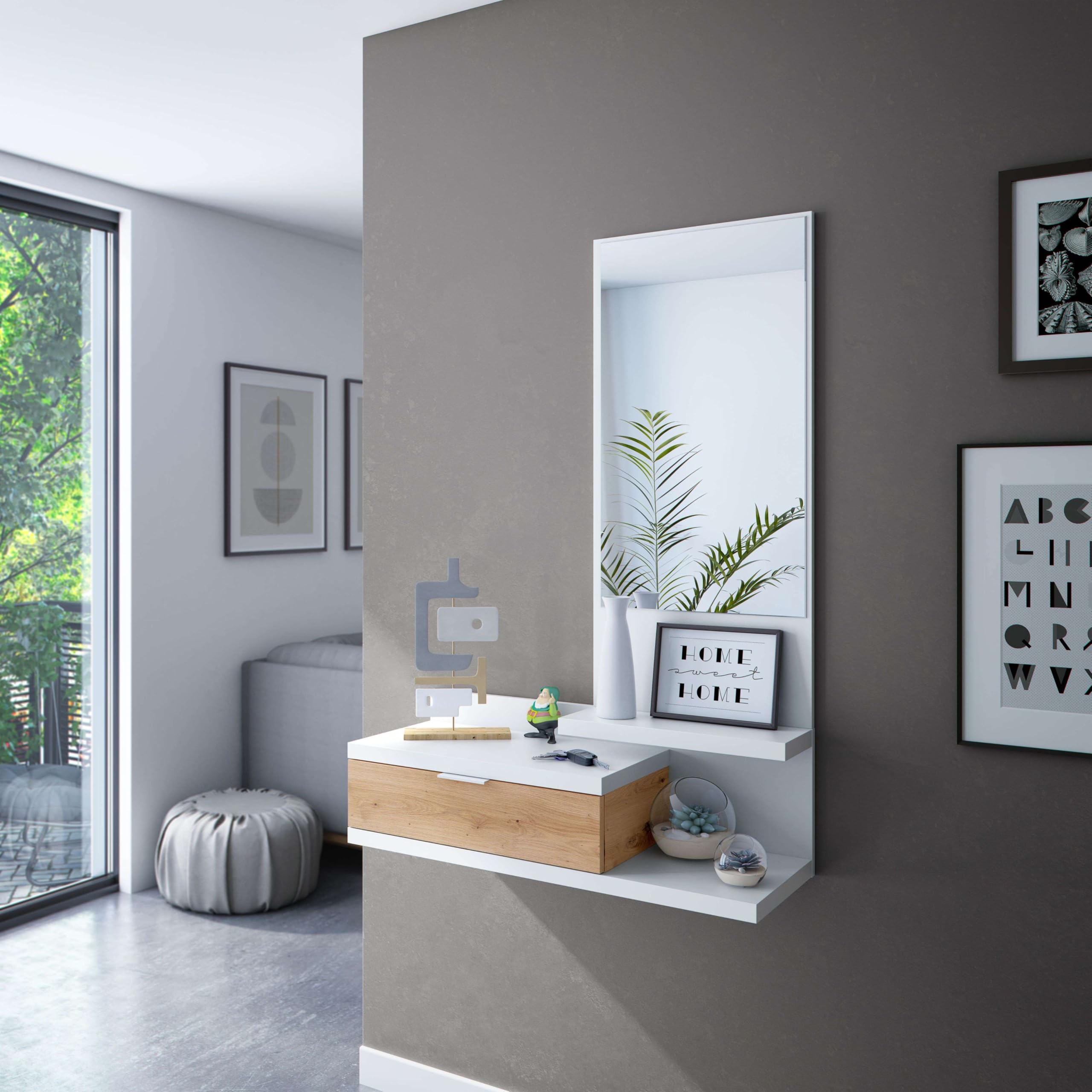 Habitdesign – Mueble Recibidor con Cajón, Espejo y 2 Baldas, Mueble de Entrada, Color Blanco Artik y Roble Nodi, 81x116x29 cm - Modelo Dahlia