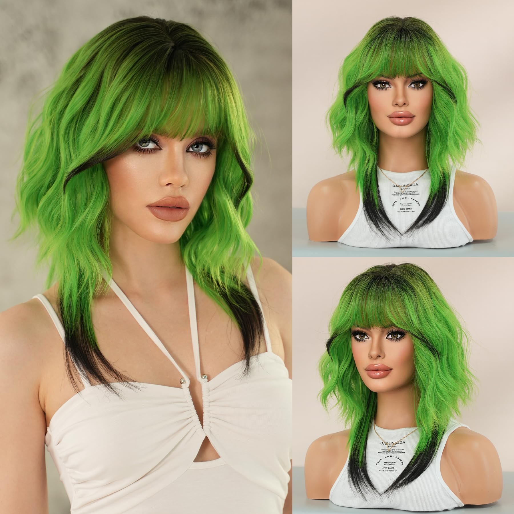 7JHH WIGS Wavy Green Black Ombre Wigs 20in Shoulder Length Wig with Bangs Hair Tail Dye Black Fashion Cos Wig for Women Halloween Party Used High Temperature Heat Resistant Fiber Natural Hairline Wig