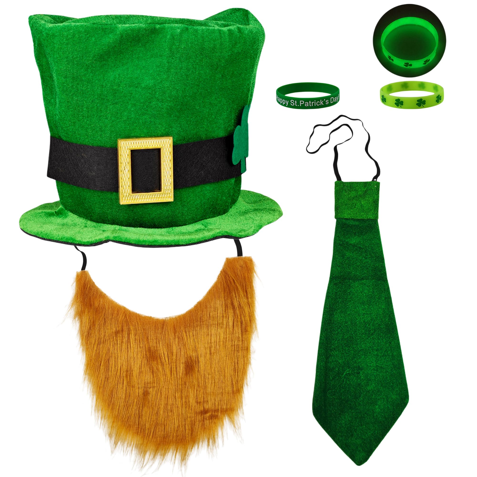 St Patricks Day Costume Suit Includes St Patricks Day Hat Tie Leprechaun Beard and 2 PCS bracelet Green