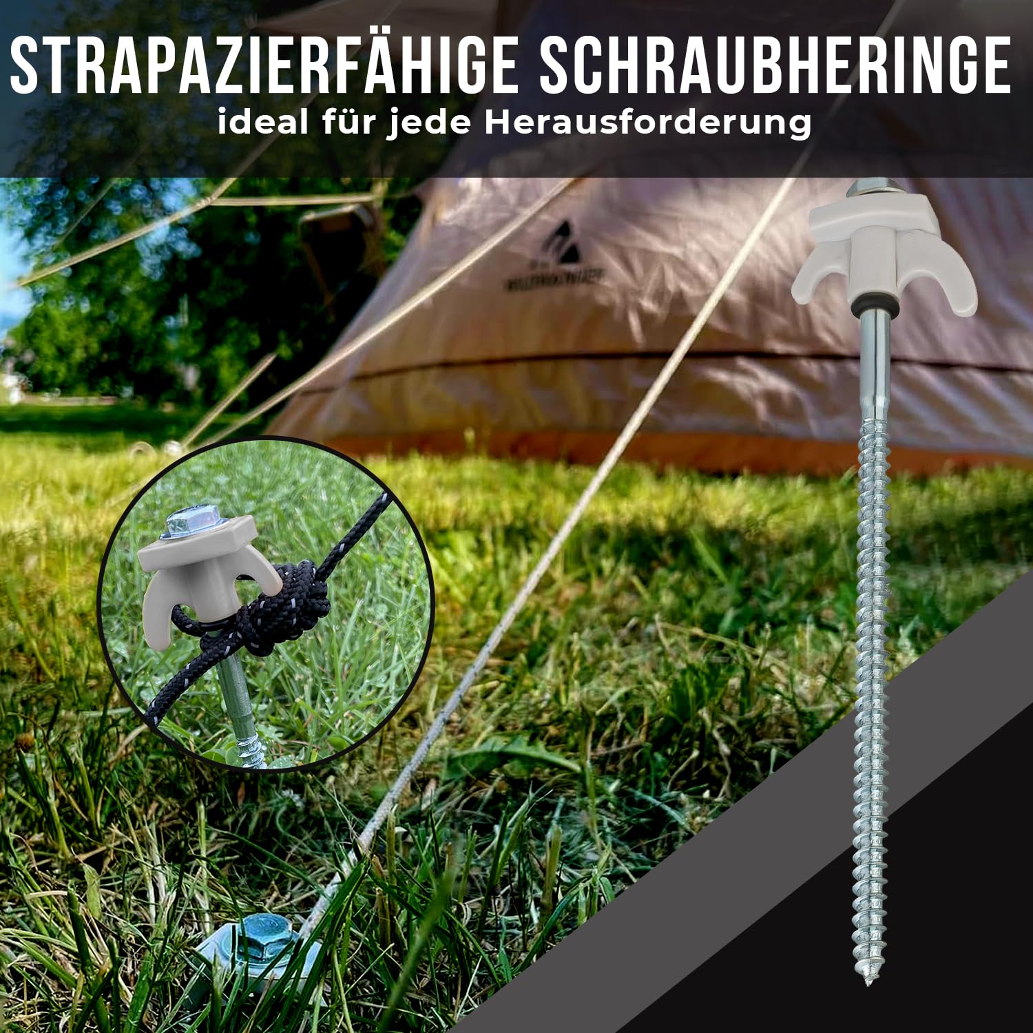 Lot de 20 piquets à visser de 20 cm de diamètre 7 mm avec boîte de transport et embouts pour visseuse sans fil - Piquets en acier pour sols souples à durs - Vis de tente pour camping et extérieur