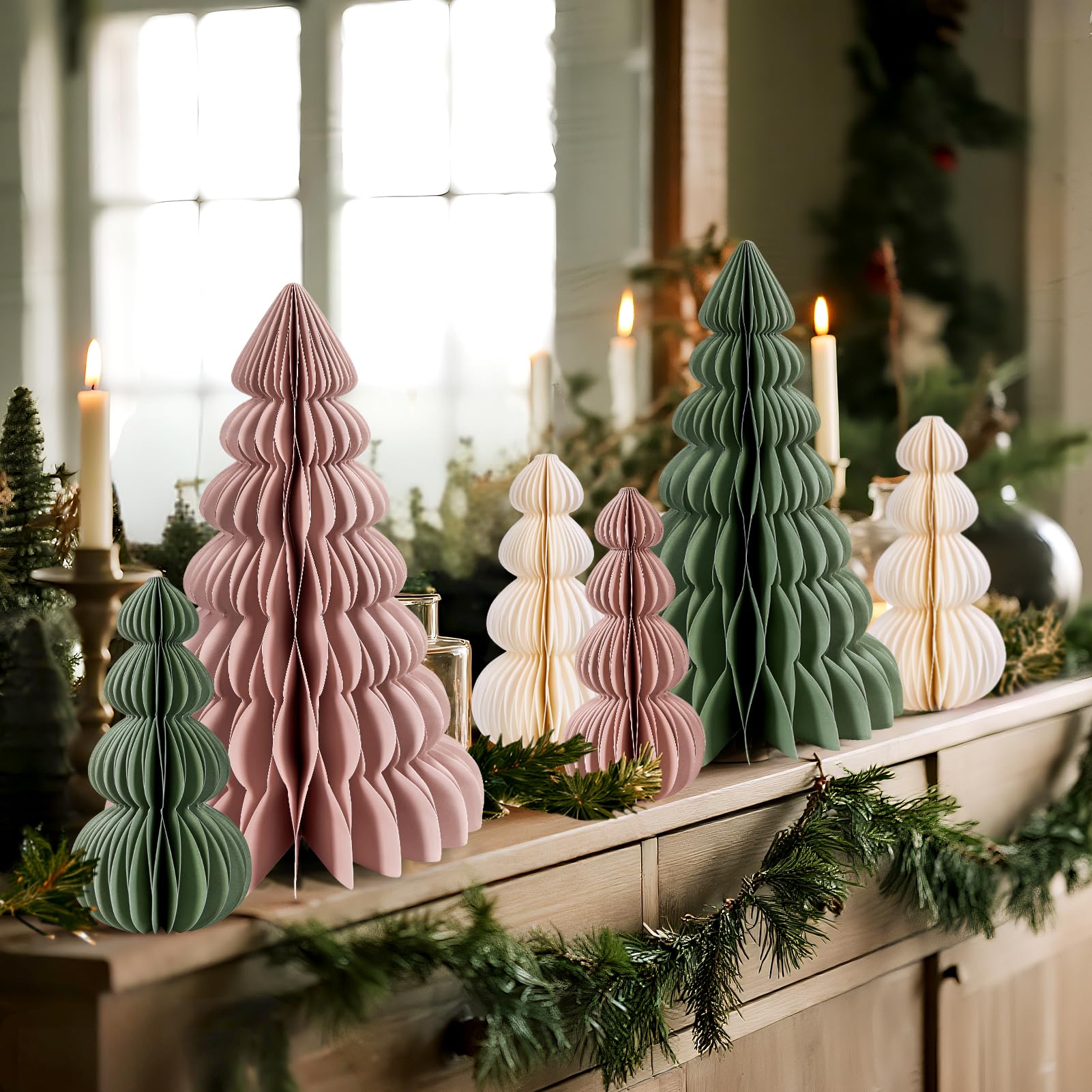 6 Stücke Papier Weihnachtsbaumschmuck Waben Deko Weihnachten Faltbarer Weihnachtsbaum Tischdeko Weihnachten Deko Weihnachten Innen für Esstisch Schrank Fensterbank Kaminsims