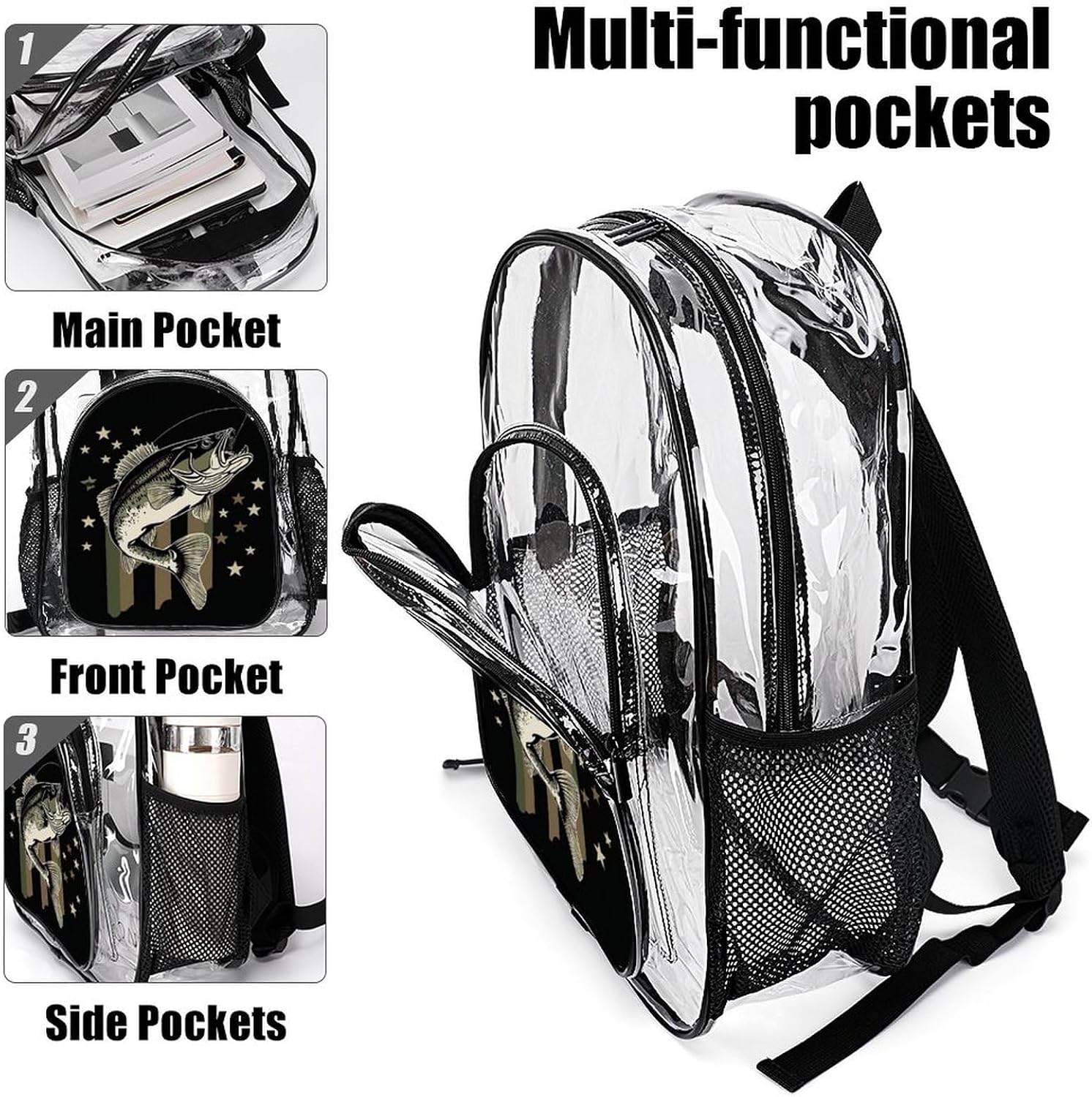 Bass Fishing Camo Camouflage American Flag Hunting Black Clear Backpack See Through Backpack Heavy Duty Clear Backpacks Transparent Bookbag for Work, Security, College