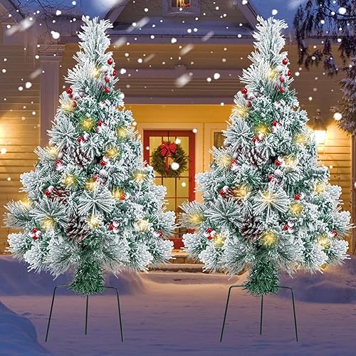 Árbol de Navidad artificial de 2.5 pies para caminos al aire libre, preiluminado, nevado, árbol de Navidad, porche, pino, luces a batería, 8 modos