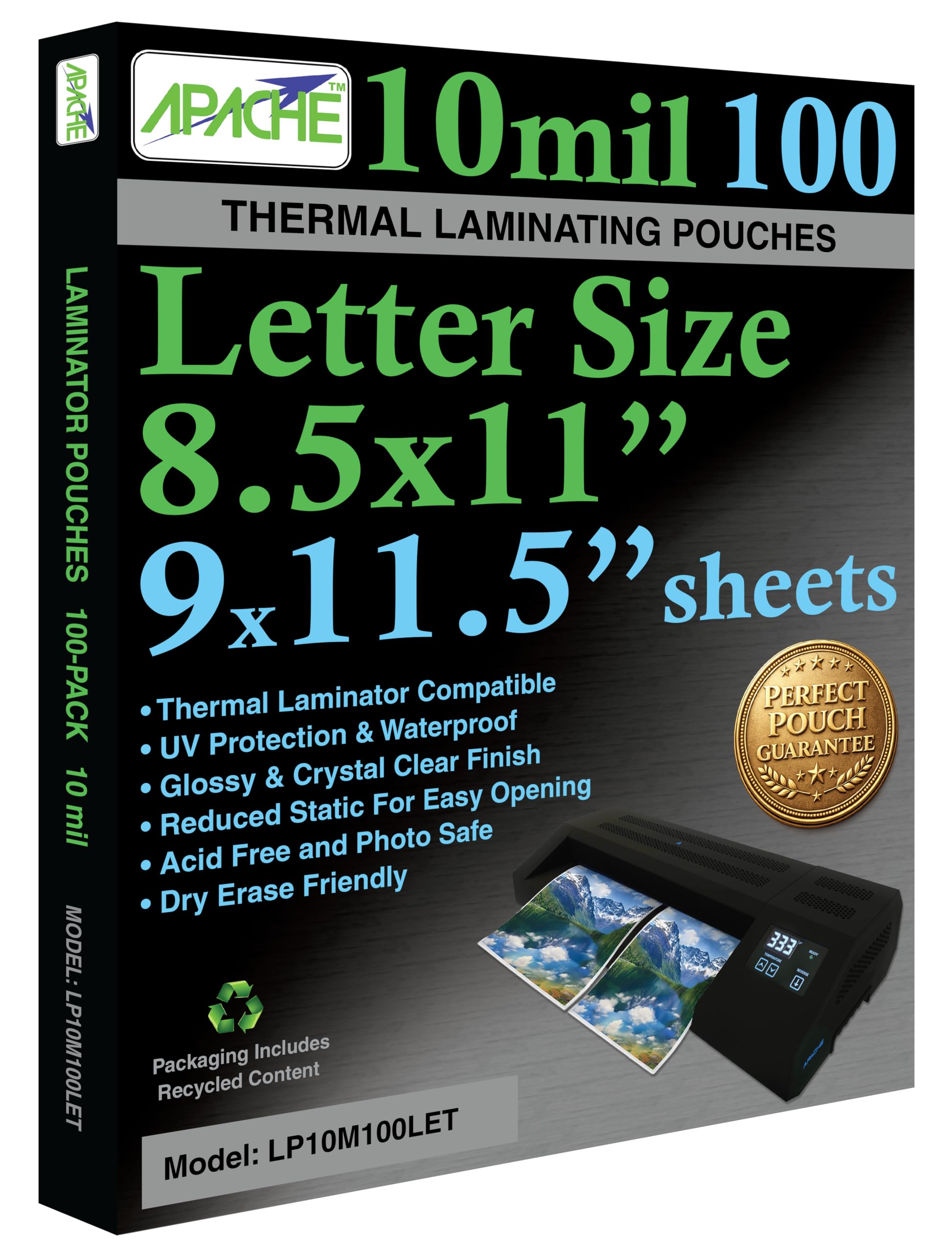 Apache Letter Size Laminating Pouches, 10 Mil, 100 Pack, Holds 8.5 x 11 Inch Projects (9 x 11.5 Inch Pouch Size), Thermal Laminator Compatible Laminating Sheets, Super Clear, Round Corners