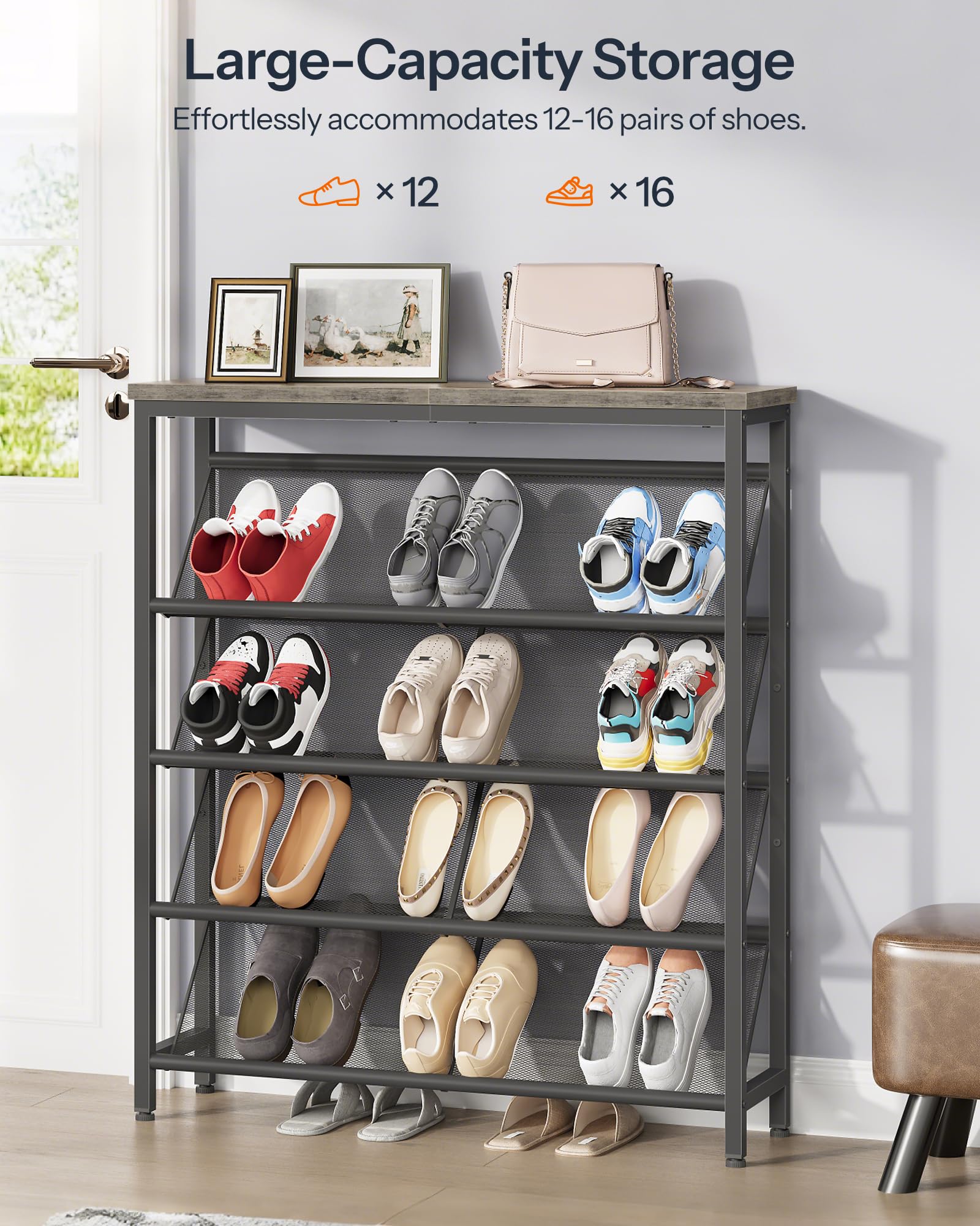 CHOEZON Smalle schoenenrek, 5-laags schuine schoenenopbergplank, schoenenrek voor entree met verstelbare voeten, staande slanke schoenenplank met houten bovenkant en metalen frame, rustiek bruin en