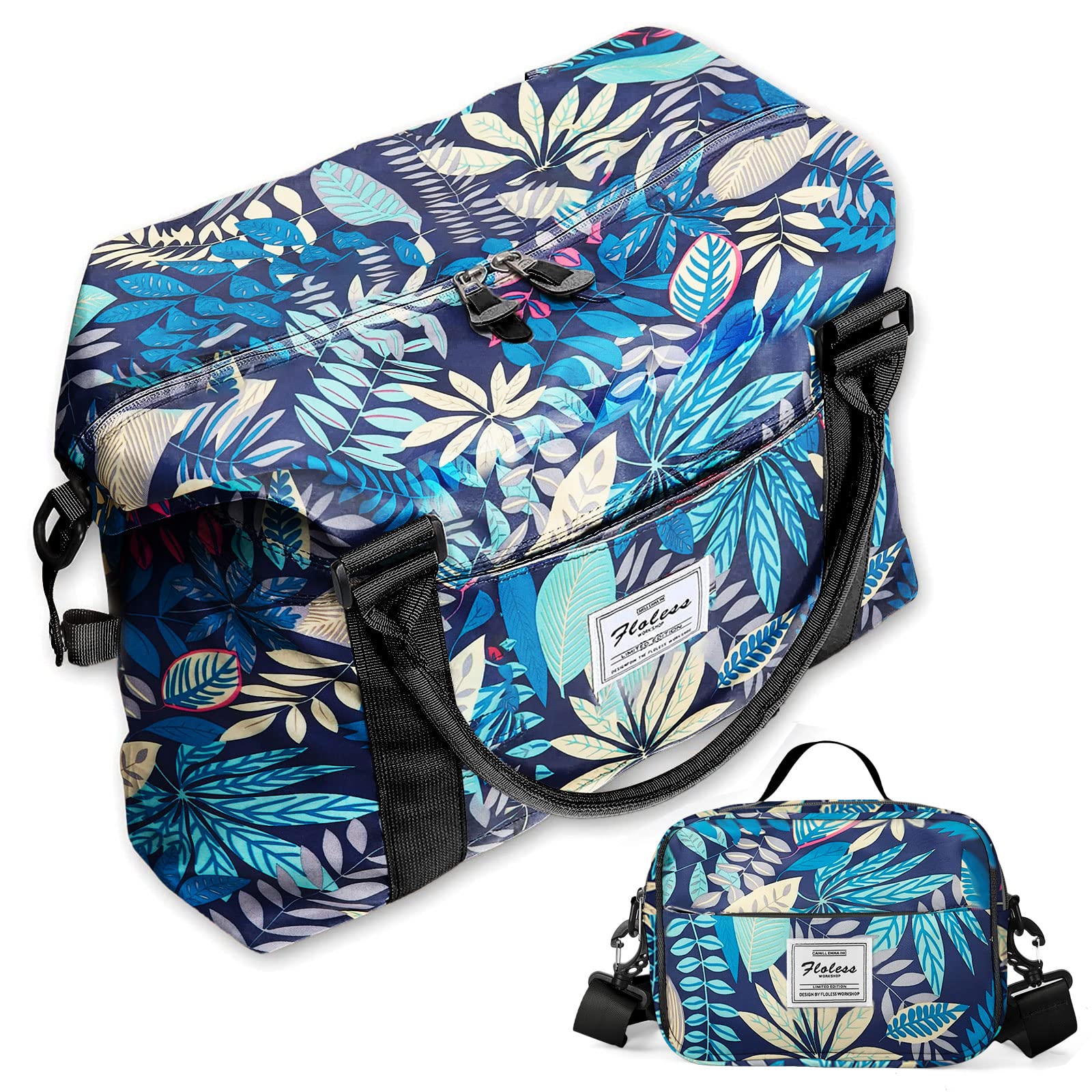Weekender Gym Duffel Bags for Women Leaves Blue Cute Travel Tote Bag with Toiletry Bag Carry On