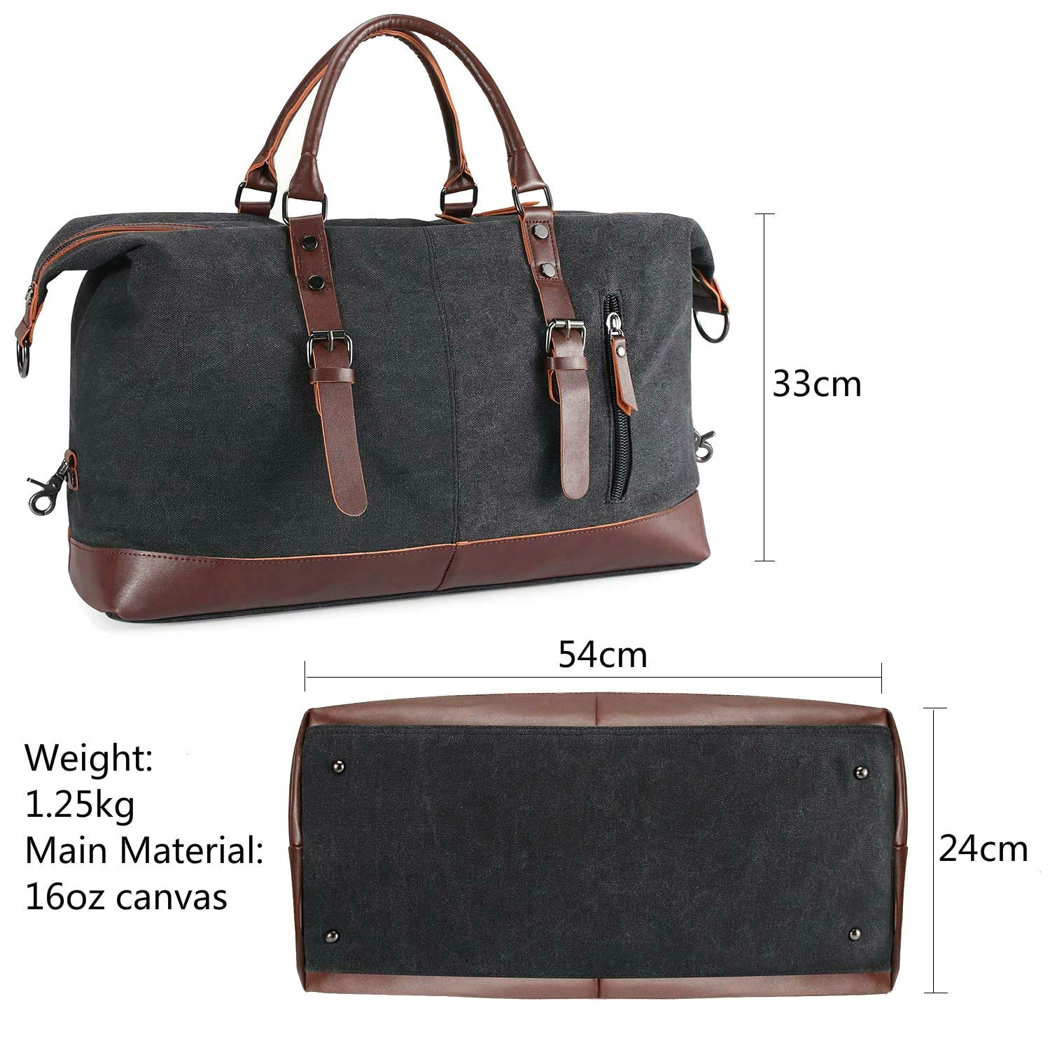 TILEMALL Borsone da viaggio oversize in tela da viaggio, borsa a tracolla, borsa a tracolla per la notte, borsa da weekend, unisex, con manico in finta pelle, Nero, 54cm*33cm*24cm