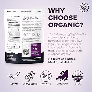 Jungle Powders Organic Black Raspberry Powder 5 Ounce Bag, USDA Organic Freeze Dried Raspberries Fruit Whole Berry for Baking, Additive Filler Free Superfood Extract Rasberries Smoothies Dehydrated
