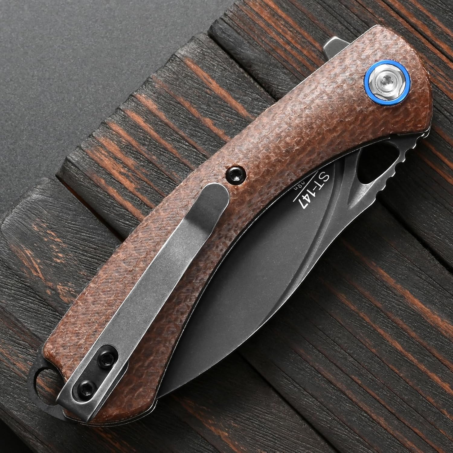 Sitivien ST147 Folding Pocket Knife,Black Stonewashed 14C28N Steel Blade with Micarta Handle Utility Knife EDC Tool Knife for Outdoor Camping,Hiking,Hunting(Brown)