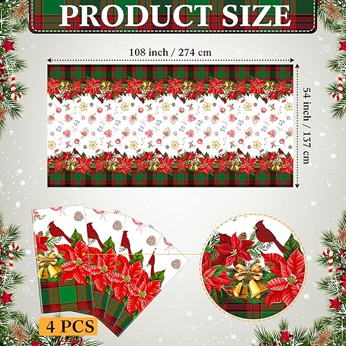 Miniatura 2 de Peryiter 4 manteles de Navidad de 54 x 108 pulgadas, mantel rectangular de Pascua de búfalo rojo y verde, mantel de Pascua rectangular lavable para