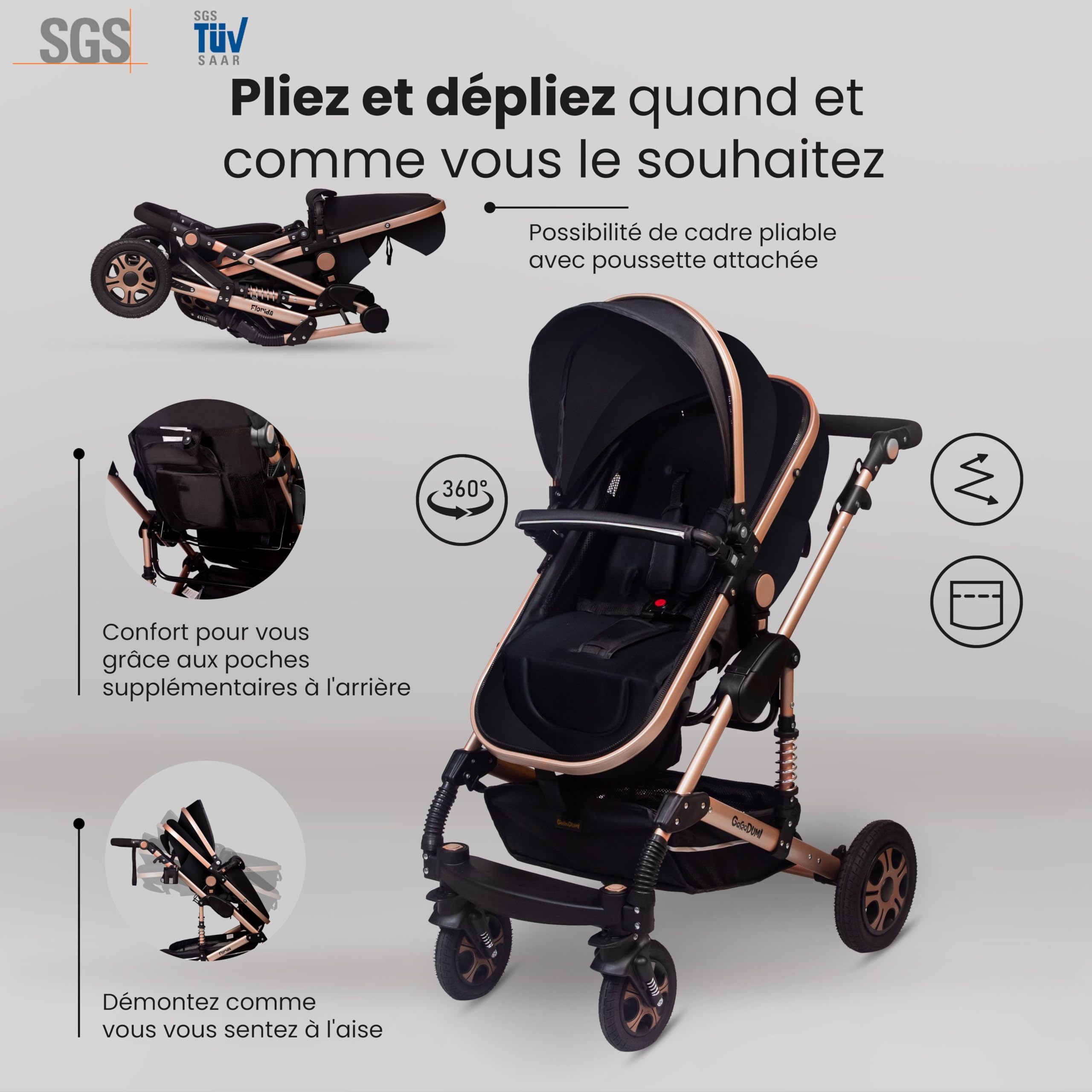 GaGaDumi Florida poussette 3 en 1 set complet avec siège auto - Baby Stroller 3en1 TÜV - poussette combinée 3 en 1 set complet pneus pleins en caoutchouc - sac à langer Noir/Noir