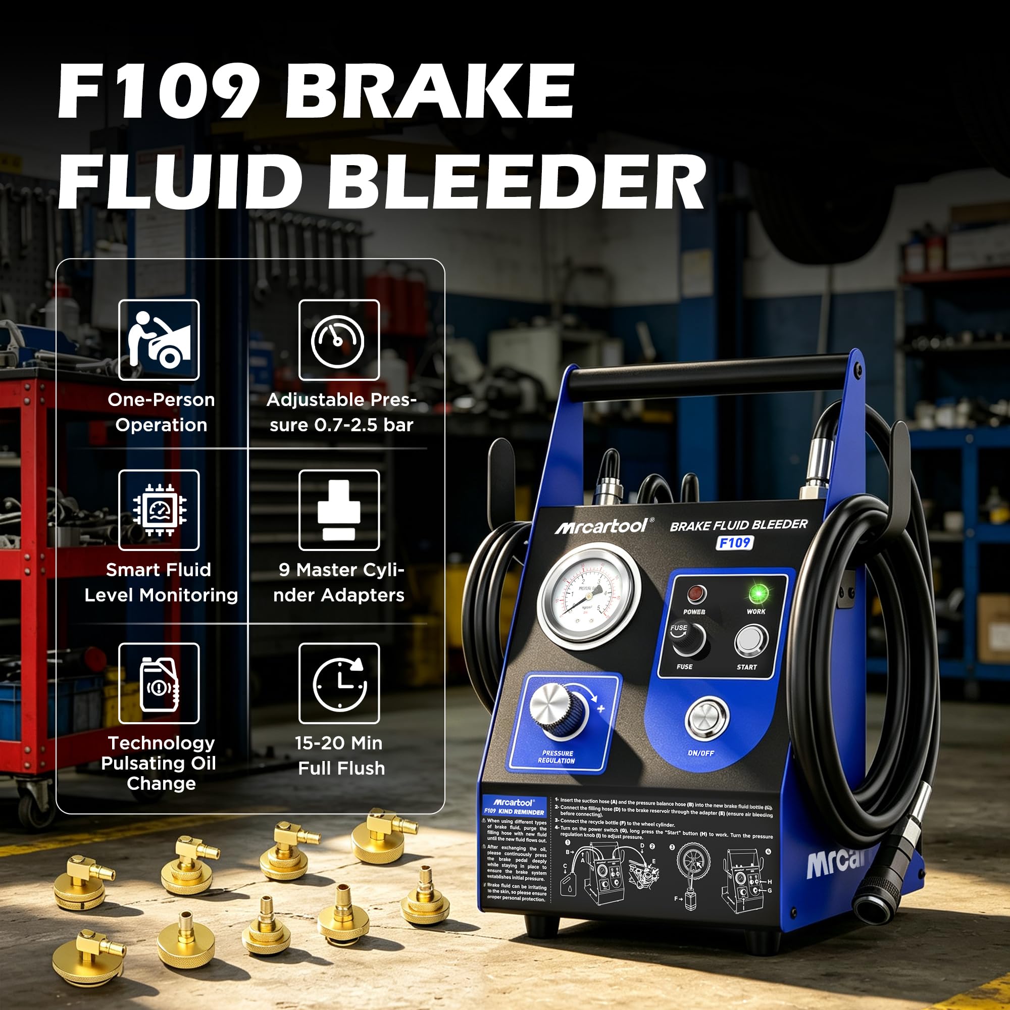 MR CARTOOL F109 samochodowy odpowietrzacz hamulców 220 V, pulsujący automatyczny zestaw odpowietrzający hamulców z 9 adapterami, przepływ 1,6 l/min, 0,5 ~ 2,5 bara, narzędzie do ekstrakcji próżniowej