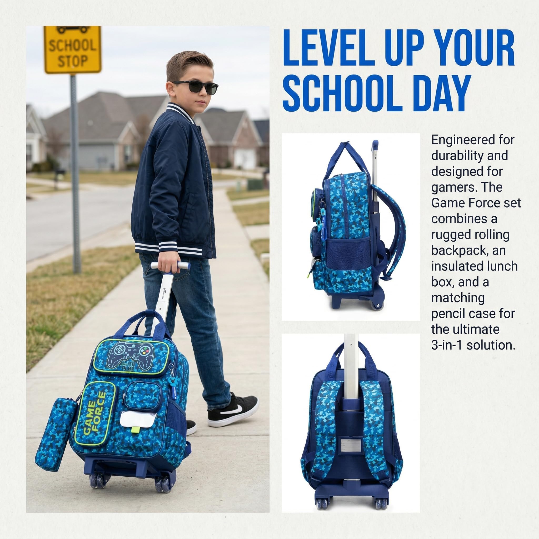 Zaino con Rotelle Bambino Tasche Multifunzionali Joystick Trolley Zainetto Asilo Scuola Elementare Primaria Borsa Pranzo Portamatite Grande Carrello Valigia Ragazzo Viaggio Blu