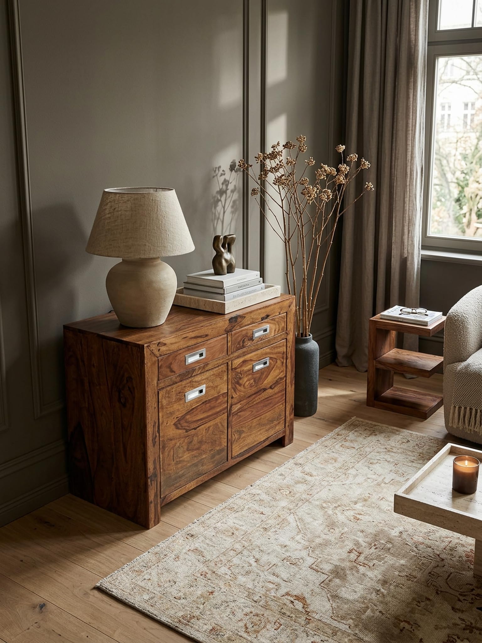 Buffet en bois massif Sheesham 90 cm, avec 2 portes et tiroirs, grand espace de rangement, idéal pour le couloir ou le salon, fait à la main