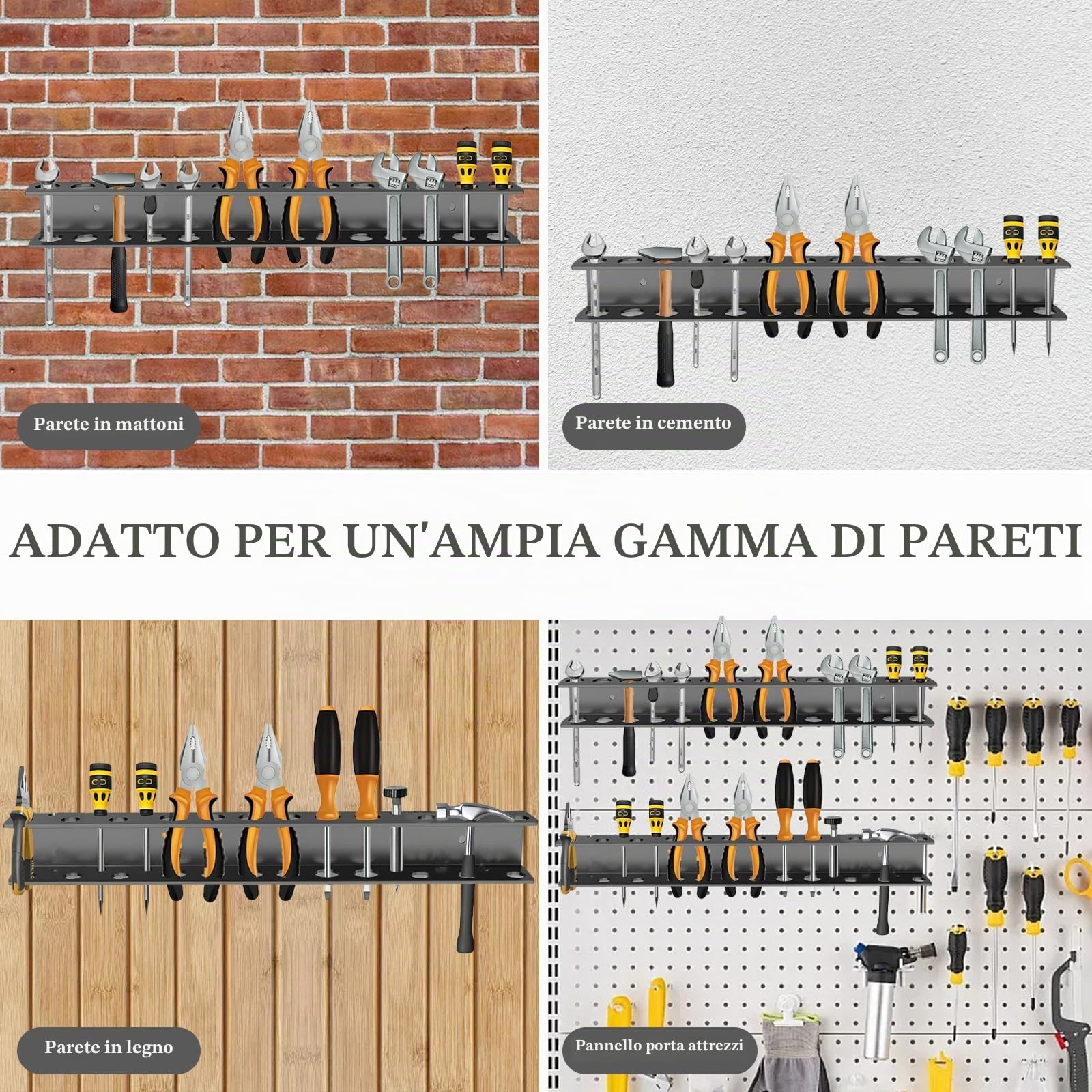 2 Pezzi Porta Utensili da Parete 40cm, Porta Cacciaviti e Porta Pinze con 14/18 Fori, Organizer da Parete con Viti e Tasselli, Supporto Utensili per Garage, Officina e Banco di Lavoro