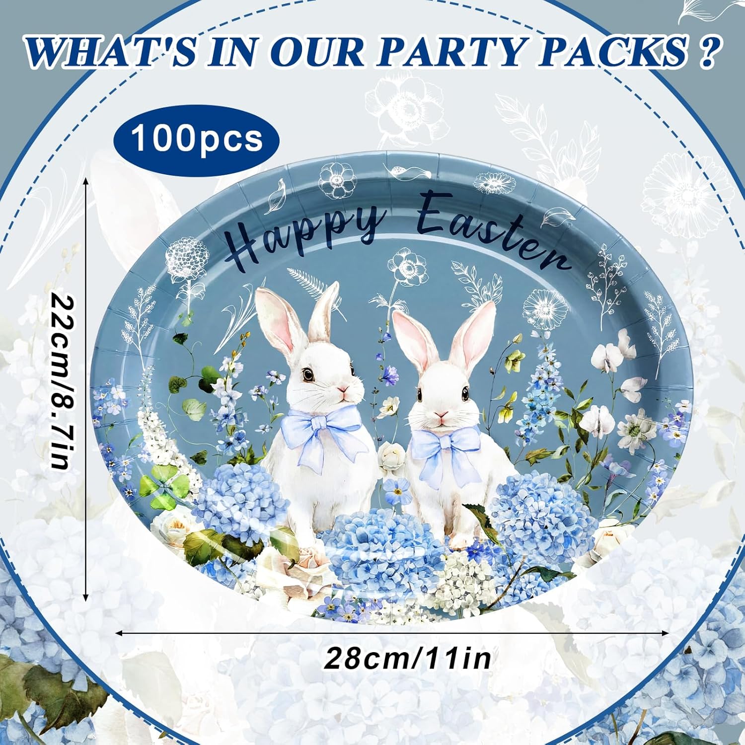 Tioncy 50 Count Bunny Rabbit Hydrangea Happy Easter Blue Floral Paper Plates Bulk Spring Farmhouse Bunny Hydrangea Oval Disposable Platter Religious Easter Flower Plates for Holiday Party Decor 50 Rabbit Hydrangea