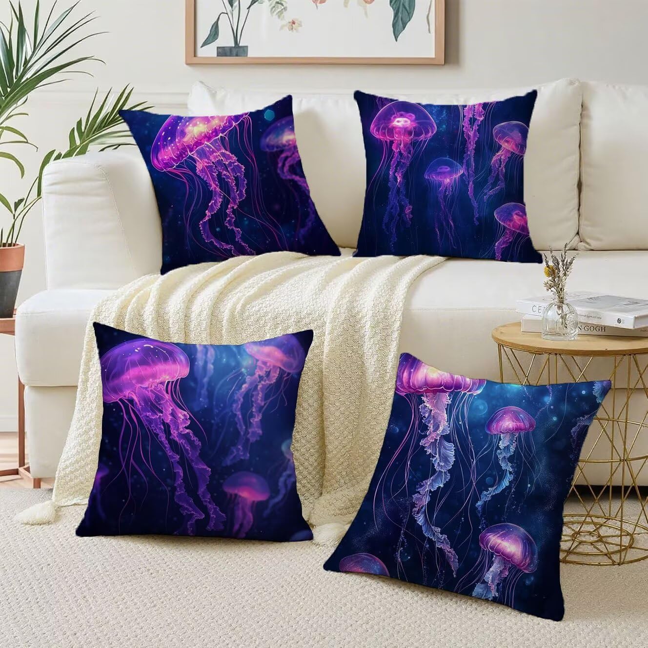 Medusa Cuscini da Esterno 50x50 Set da 4 Federe Cuscini Divano Violetta Copricuscini Lino Copri Cuscino Divano, Impermeabili Copricuscino, Quadrato Cuscino Decorativo, Moderna Decorazione Casa t-801