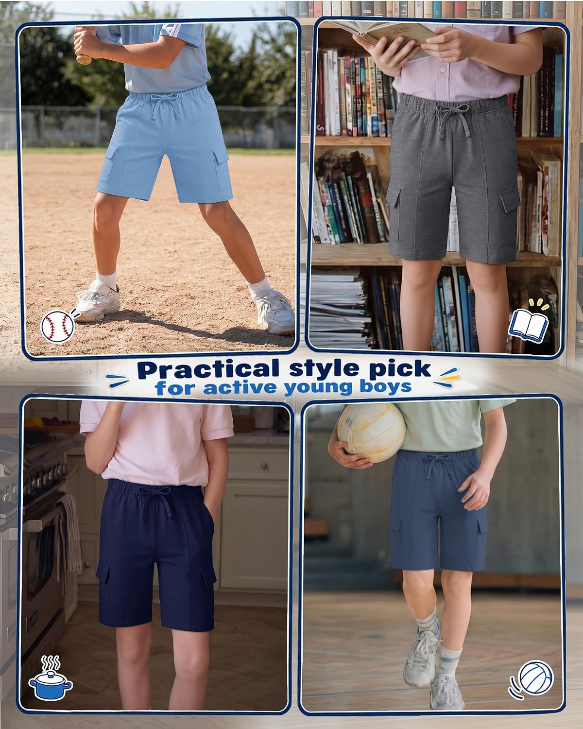5 Pack Boys Cargo Shorts Straight Leg Elastic Drawstring Waist Shorts with Pockets for Teens 6–16 Years