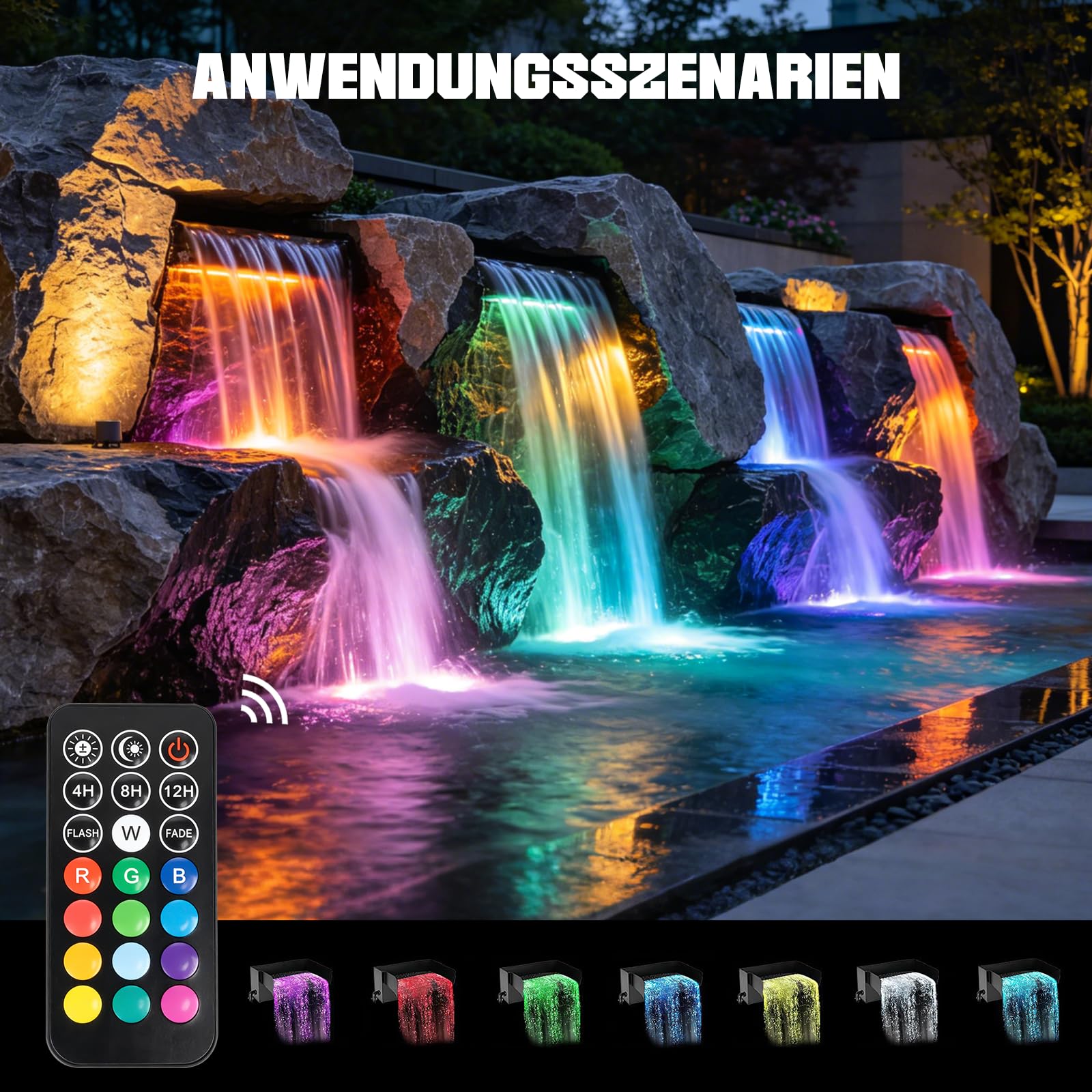 Edelstahl Wasserfall Set 30 cm mit LED Fernbedienung 45 W 3500 L/h Pumpe für Garten Teich Schwimmbad