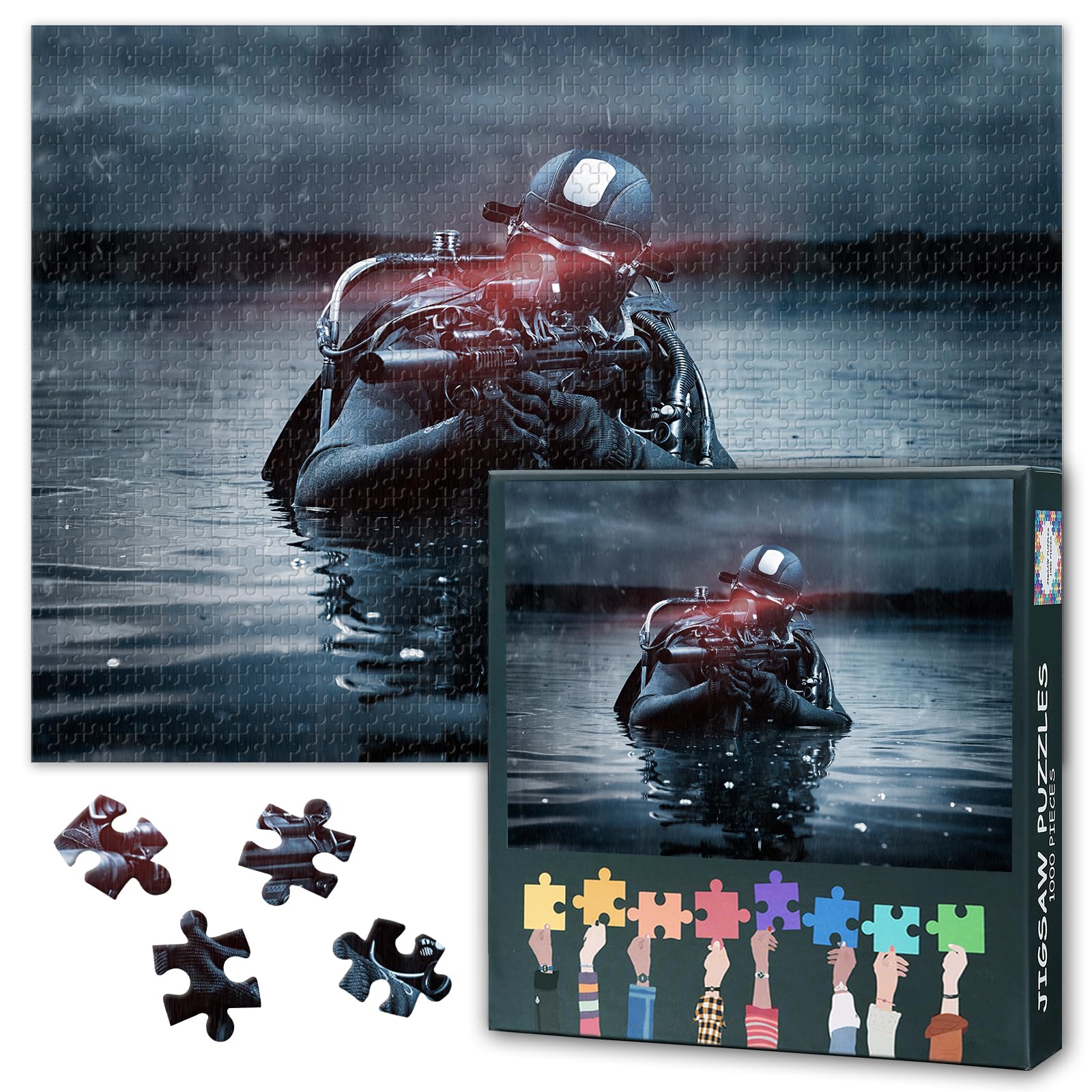 SWAT Team Jigsaw Puzzle 1000 Pieces Tactical Military Combat Puzzle Elite Soldier Water Mission Special Forces Action Puzzle for Adults 27.5 x 19.7 Inches