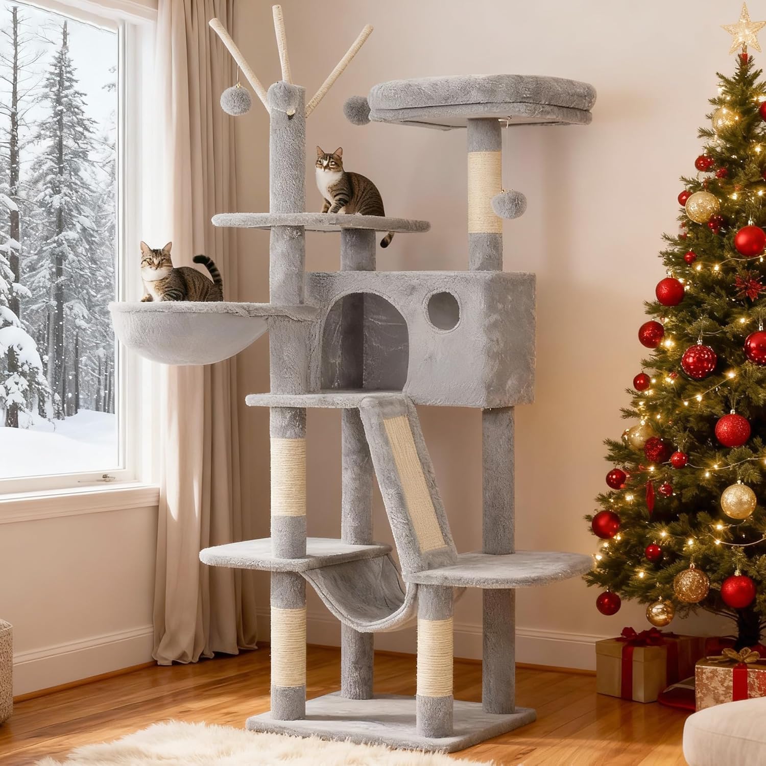 Hey-Brother 53 Inch Cat Tree Tower for Indoor Cats with Padded Bed, Toy Balls, Large Condo, Hammocks, and Scratching Posts, Light Gray MPJ019-SW