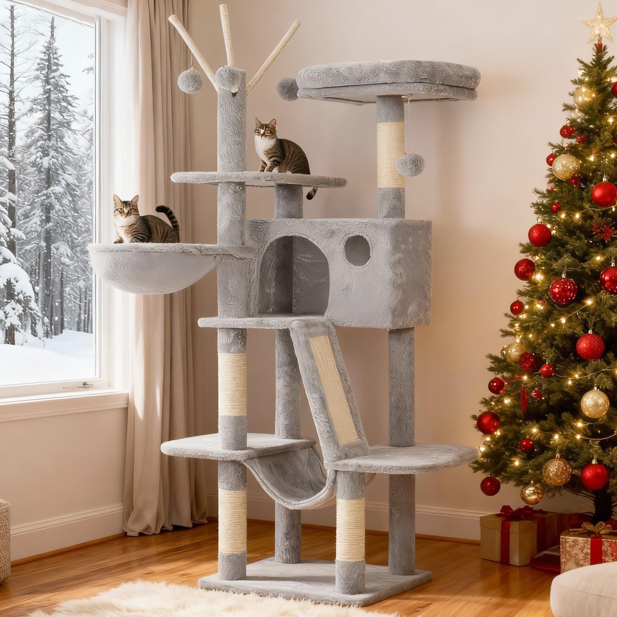 Hey-brother Cat Tree, 53 inch Cat Tower for Indoor Cats, Cat House with Padded Platform Bed, Toy Balls, Large Cozy Condo, Hammocks and Sisal Scratching Posts, Light Gray MPJ019-SW