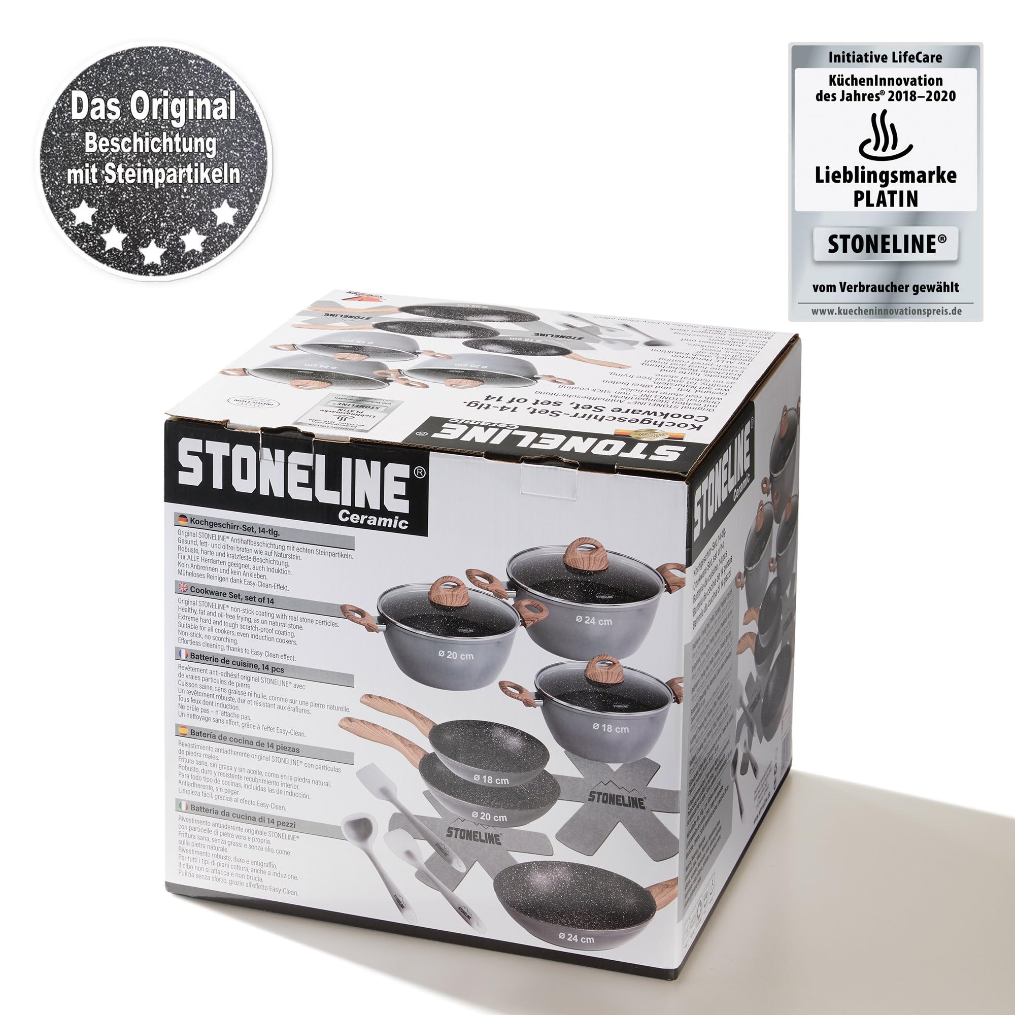 STONELINE Back To Nature Batterie de Cuisine Céramique, Set de 14 pcs, Poêles, Casseroles, Couvercles et Ustensiles de Cuisine, Revêtement Antiadhésif avec de Vraies Particules de Pierre, Motif Bois