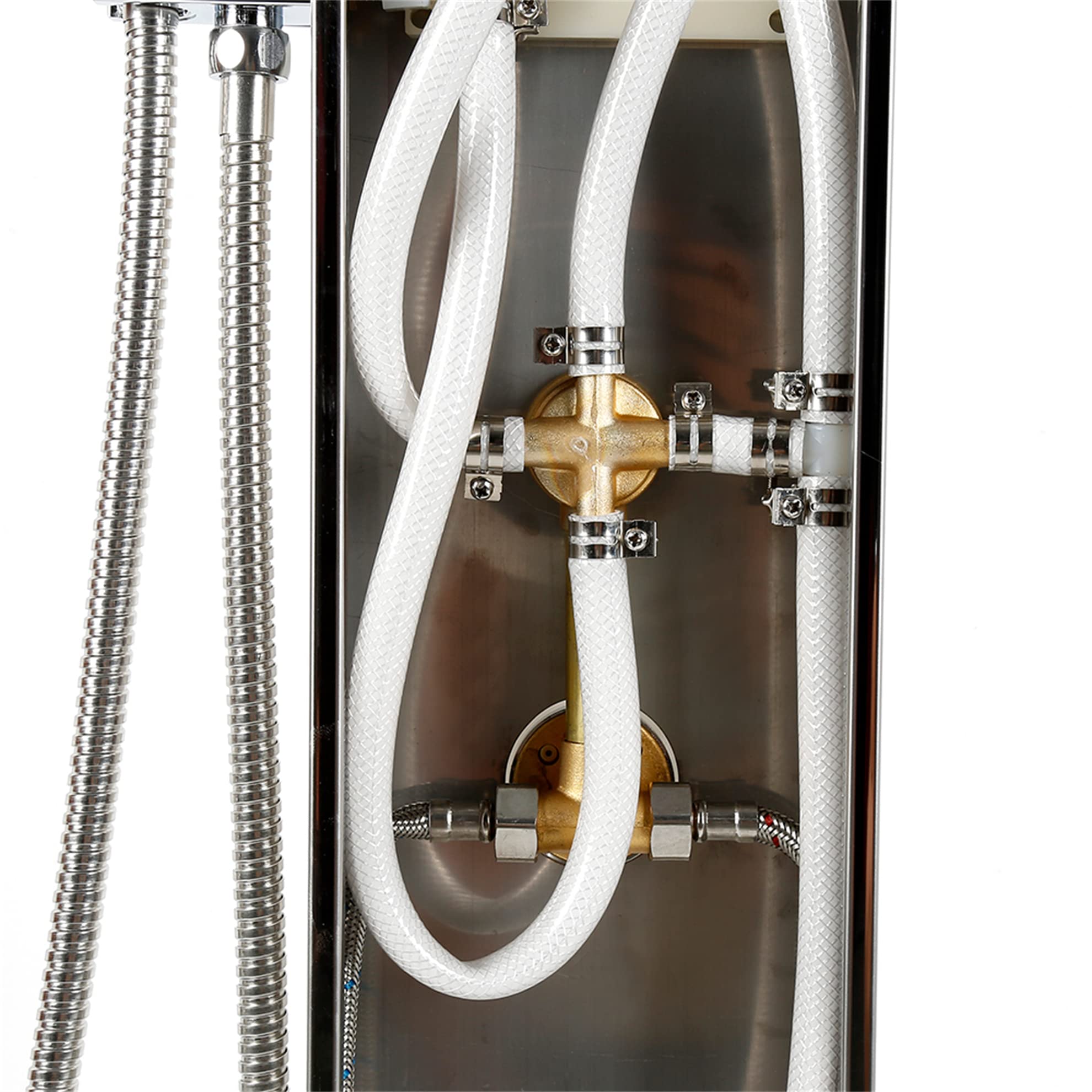 MINGYI Colonne de Douche Hydromassante, avec Douchette et Pommeau, 4 Modes de Douche, Connecteur DIN Standard 1/2'' (Argent, 20×140 cm)
