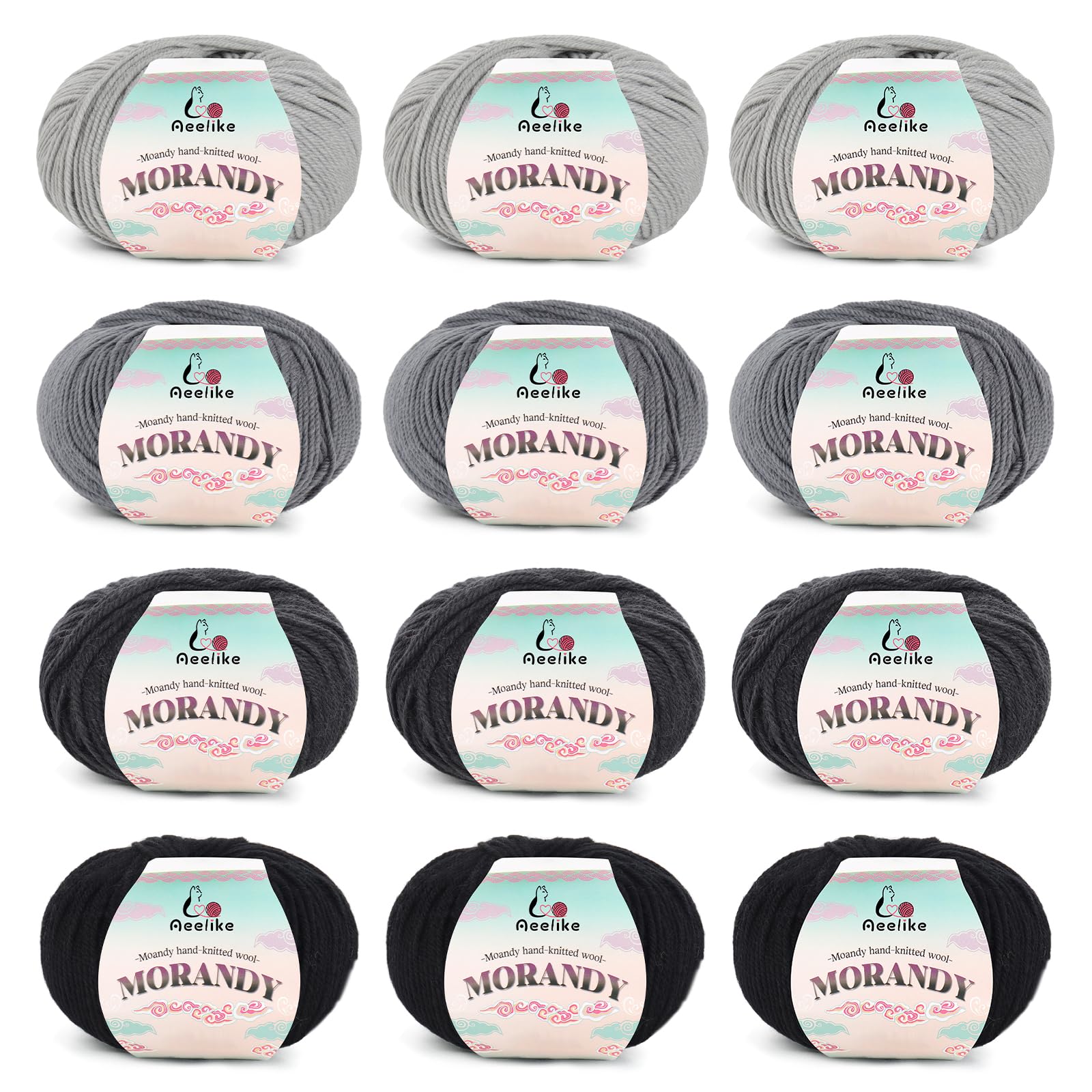 Aeelike Merinowolle Wolle zum Häkeln, Stricken, 12 Wollknäuel, Weiche häkelwolle set, 1800 m, Mehrfarbiges Garn-Set für Bastelarbeiten, Schals, Decken und Pullover, Grau