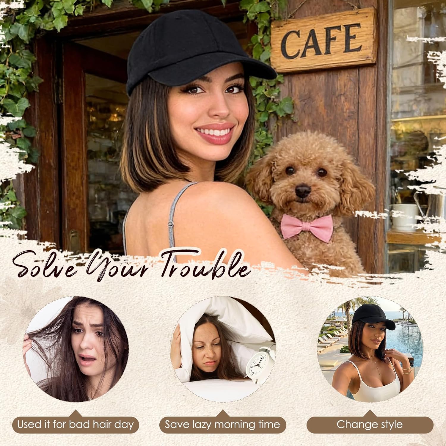 S-noilite Hat Wigs for Women Baseball Cap with Synthetic Hair Extensions Adjustable Black Hats with Short Straight Hair Attached for Women Daily Wear Golden Brown mix Bleach Blonde Wig（6Inch）