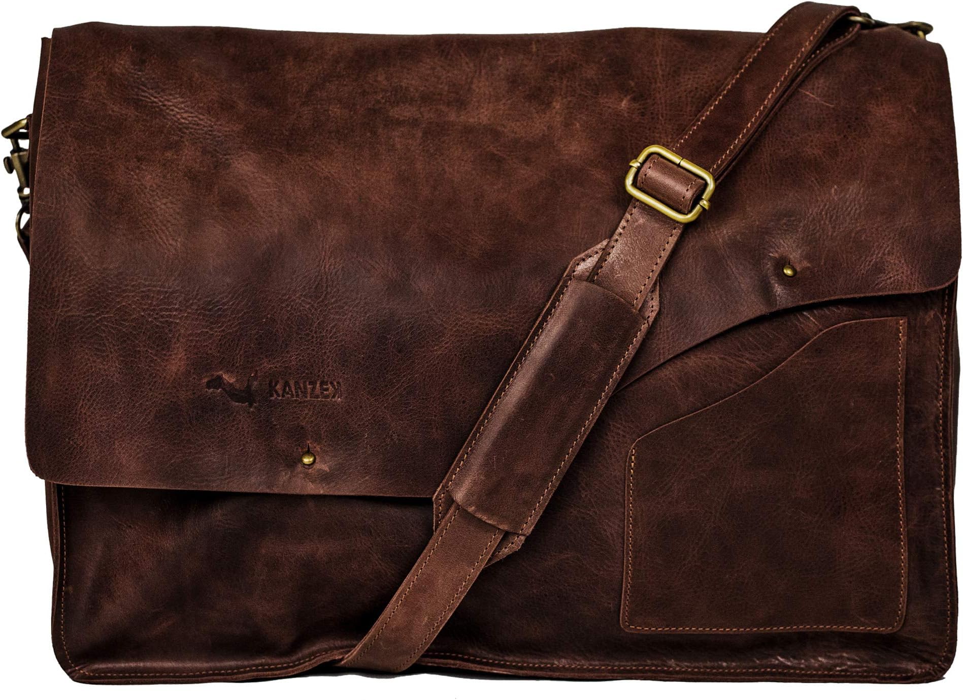 KANZEK 17-18 inches Full Grain Leather Messenger Bag and Laptop Satchel for Men - Crossbody Flapover for Work, School, Travel, and Outdoors - Rugged Vintage Distressed Brown/Cognac