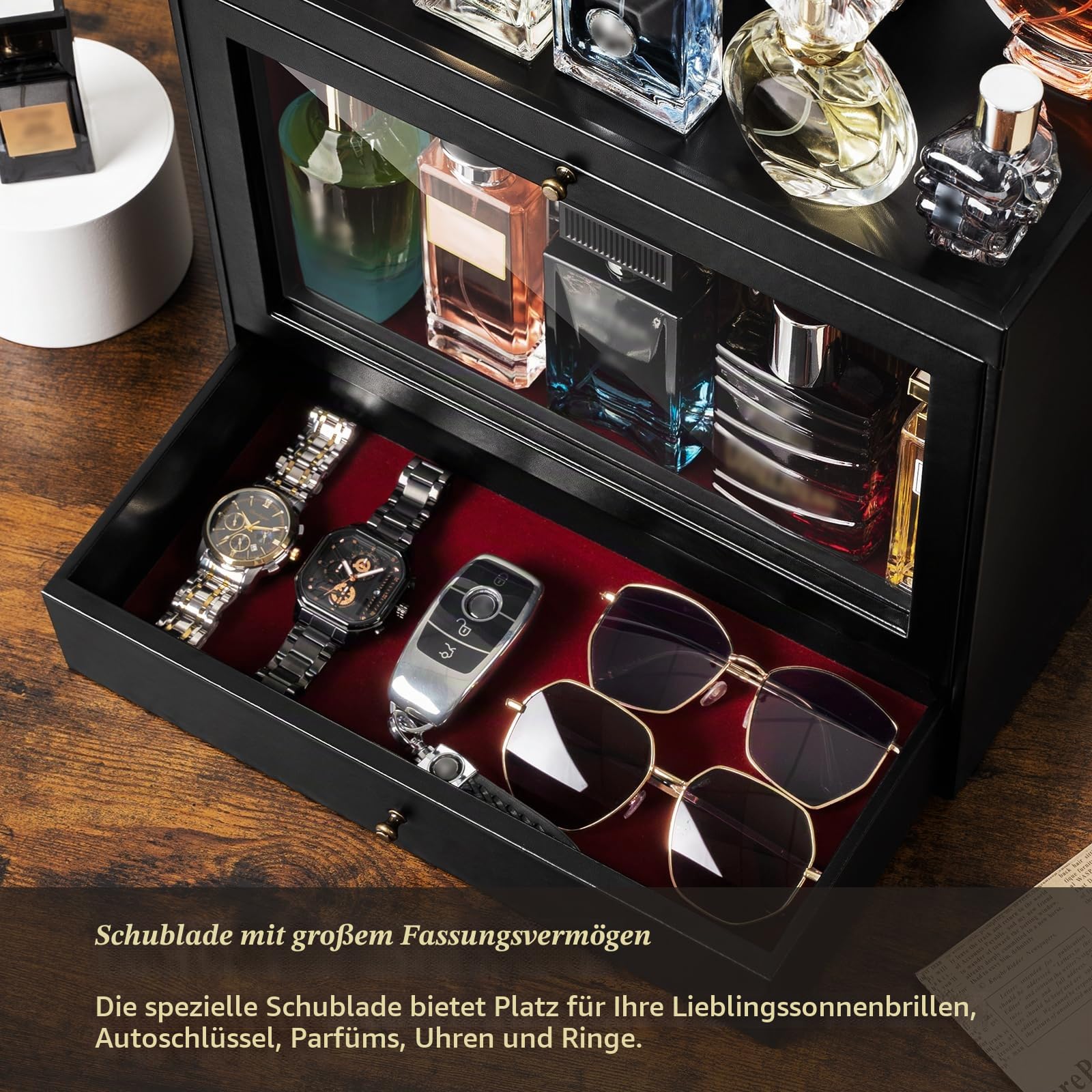 Parfüm Organizer, Leder Herren Parfüm Ständer mit Schublade, Parfüm Regal mit Transparent Sichtbarer Deckel, Premium Aufbewahrungsbox für Düfte, Kosmetik und Schmuck, Tolles Geschenk (Schwarz)